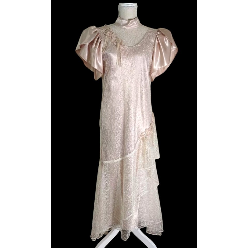 Vtg Cachet by Bari Protas Midi Lace Dress Floral Beaded 9/10 Champagne Victorian