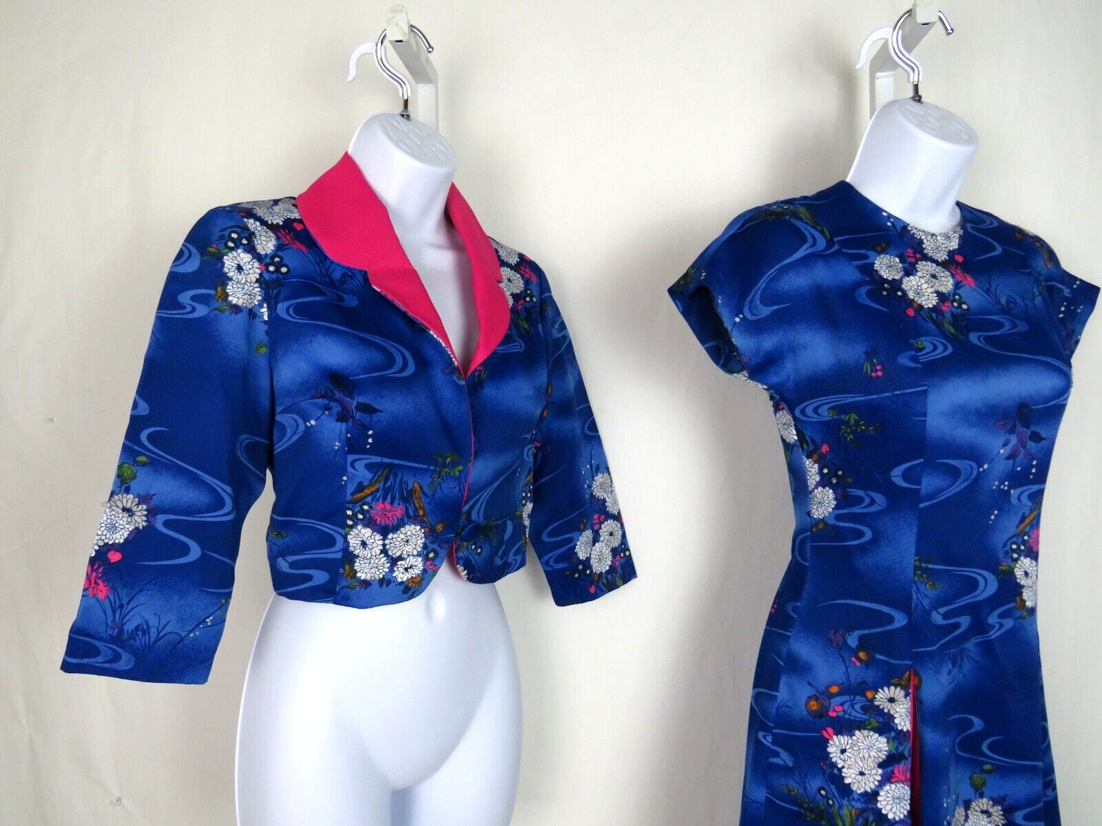 VTG 1950s 60s WALTAH CLARKE’S OF HONOLULU DRESS & CROP JACKET FLORAL POLY SILK?