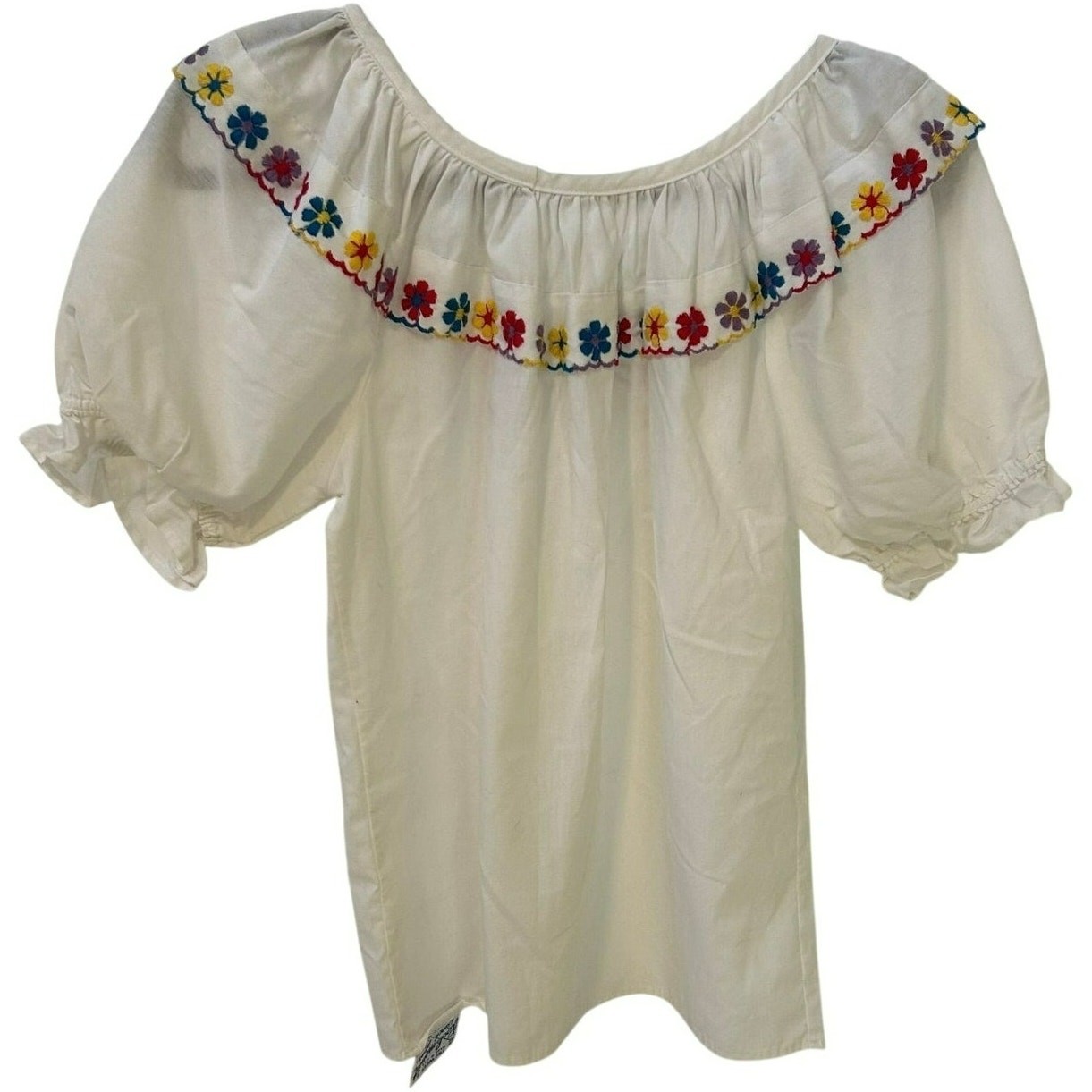 VTG Rockmount Ranch Wear White Floral Embroidered Ruffle Peasant Blouse Boho