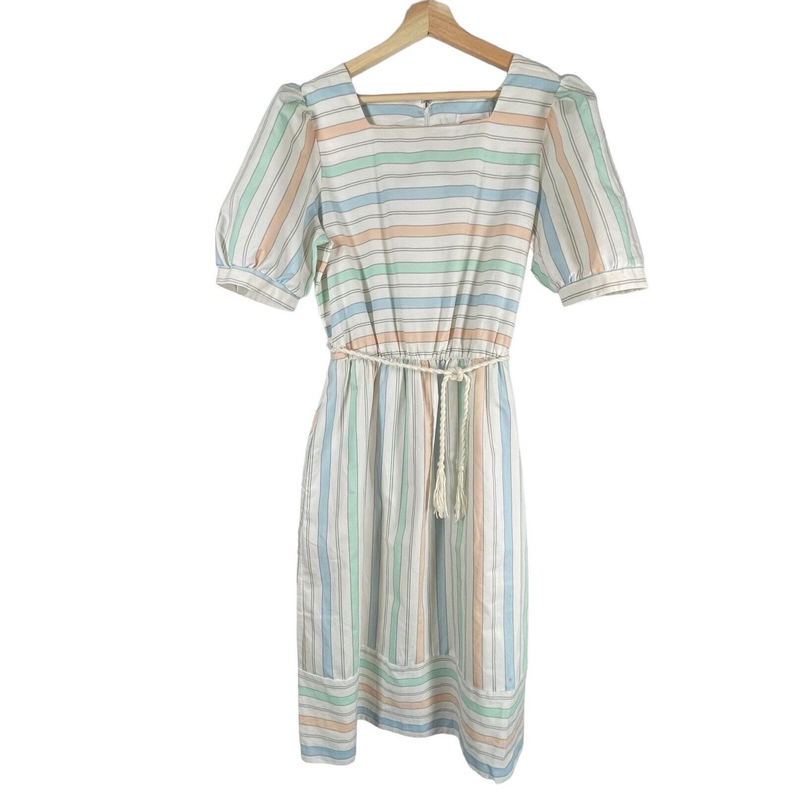 Vintage AMY DEB 70s 80s Pastel Striped MIDI Dress WOMENS SIZE MEDIUM Classic