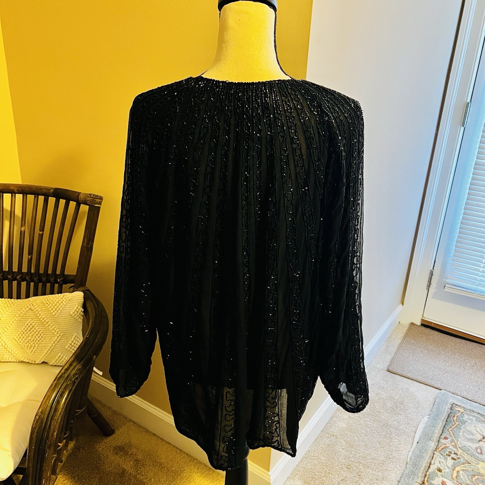Vintage 80s NITELINE By Della Roufogali Black Sheer 100% Silk Beaded Jacket XL
