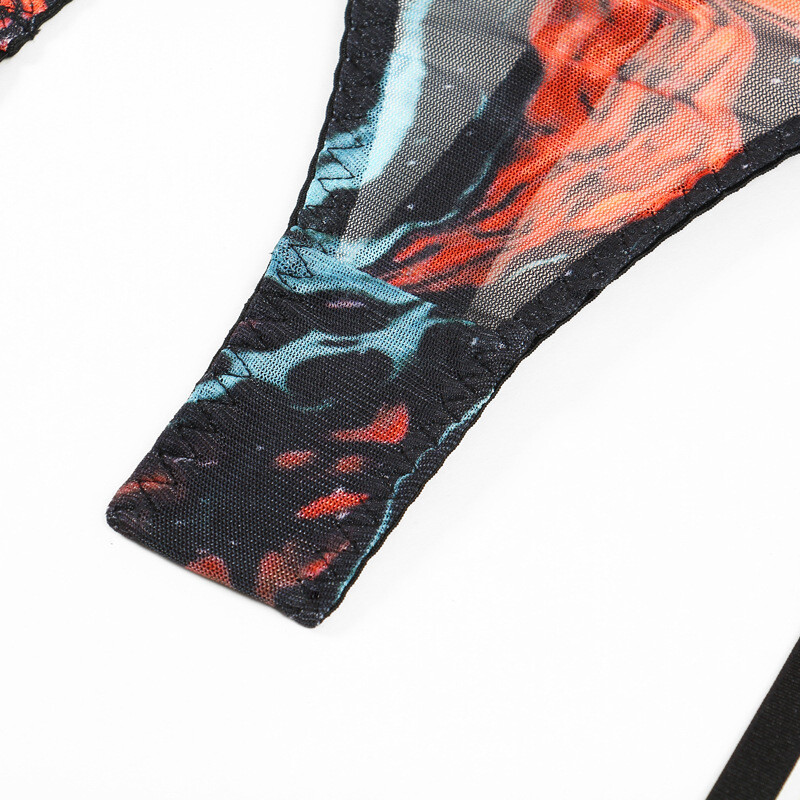 Arrival Colorful Ink Splatter Mesh Sexy Lingerie Set with Gloves and Garter Belt