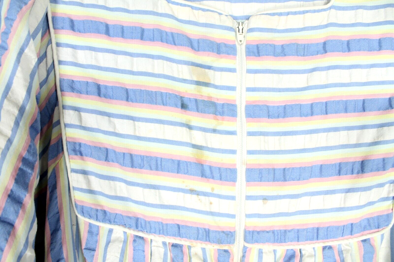 VTG SAYBURY MuuMuu SEERSUCKER Blue/Pink STRIPED Half Zip ROBE/HOUSE DRESS Sz S