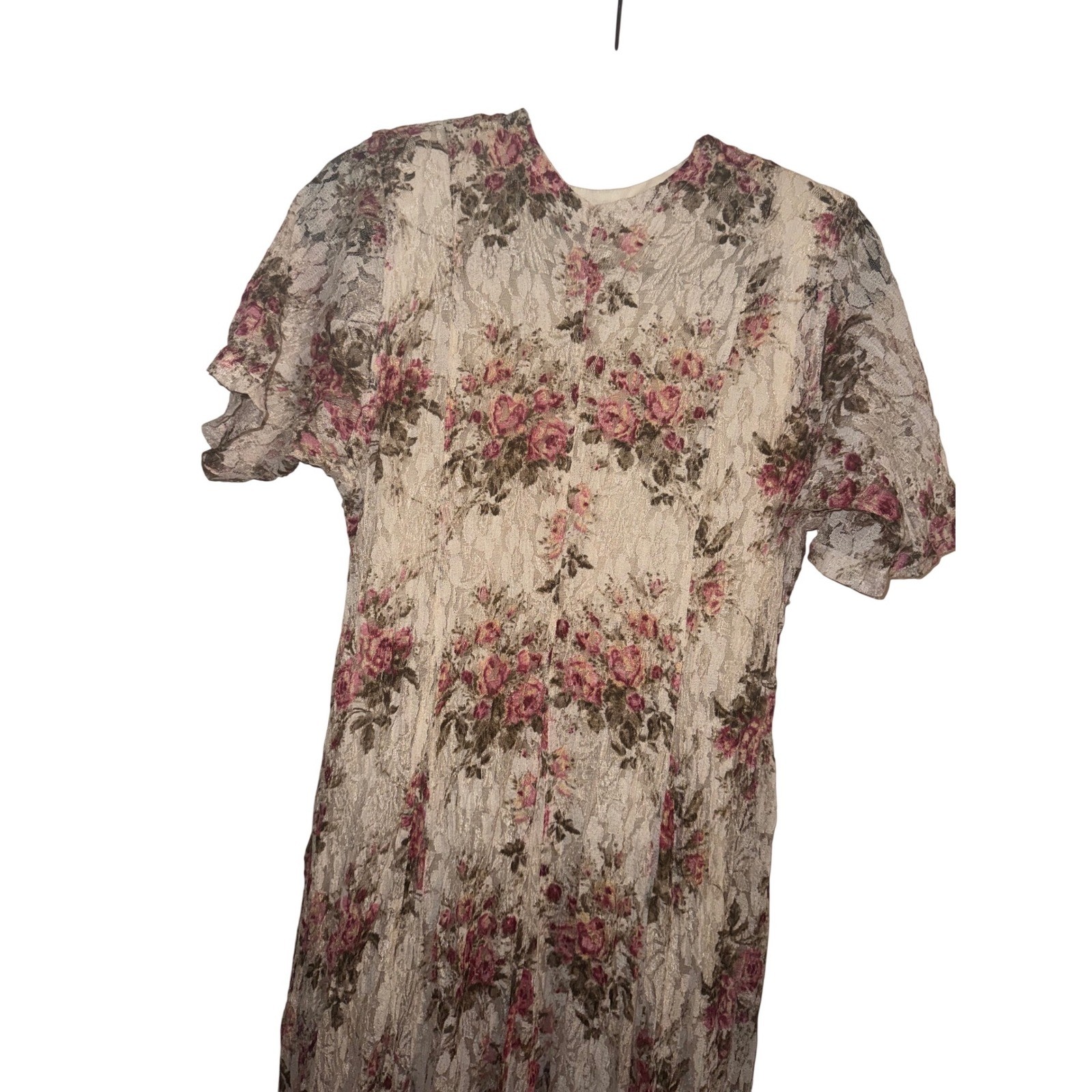 Vtg 90s Sz S Floral Lace Maxi Dress V-Neck Cottagecore Country Romantic Prarier