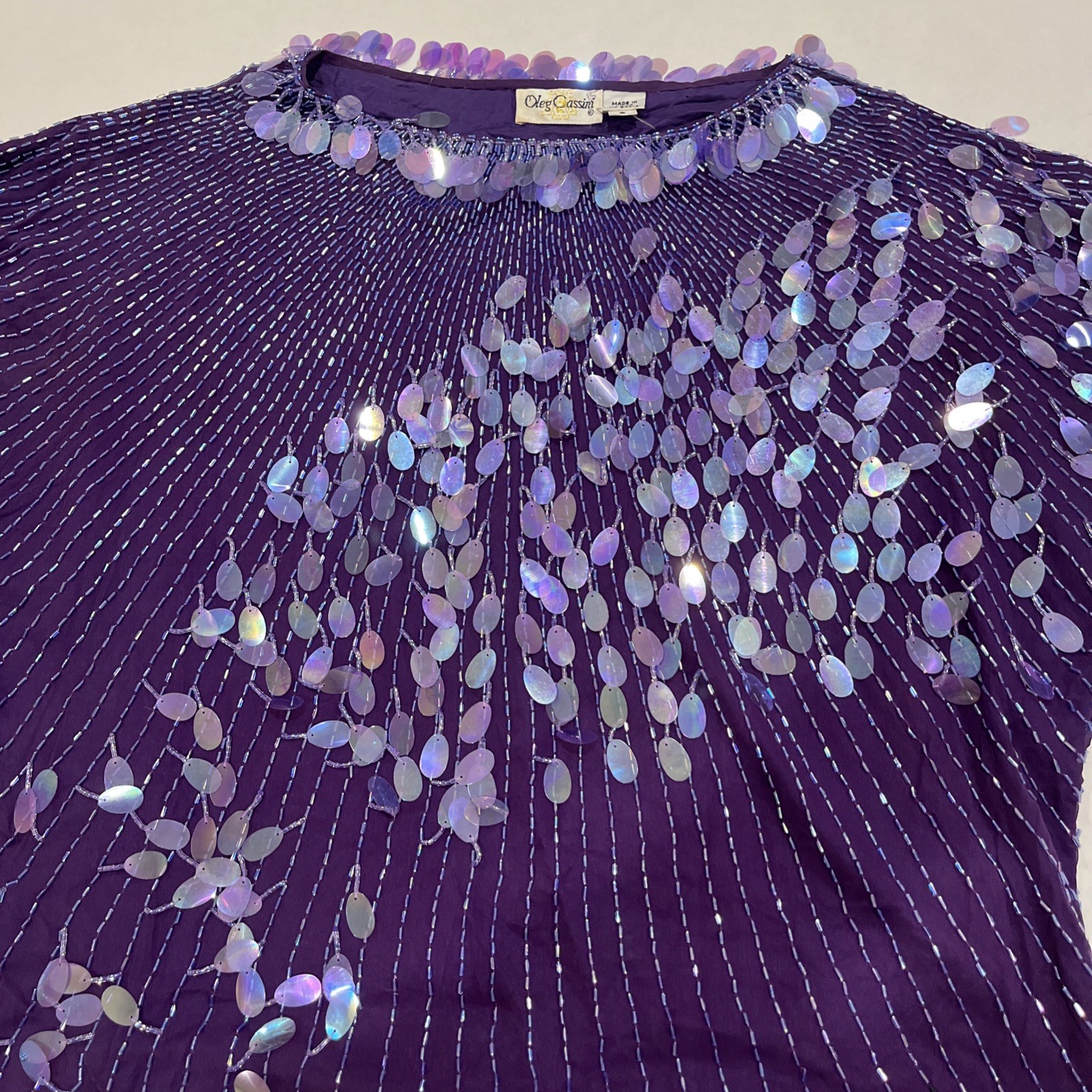 VTG OLEG CASSINI Royal Purple SEQUIN BEADED EMBELLISHED EVENING BLOUSE Size S
