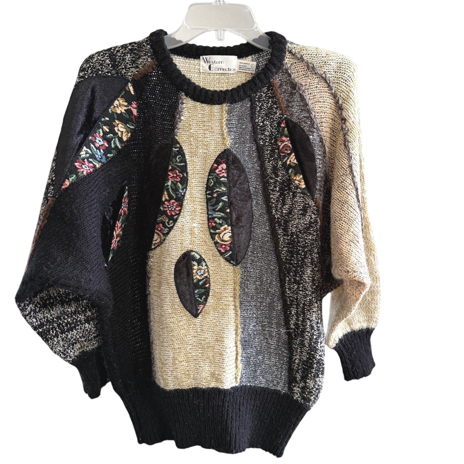 Vintage Tapestry Leaf Patchwork Sweater Women L Black Multi Color Art To Wear