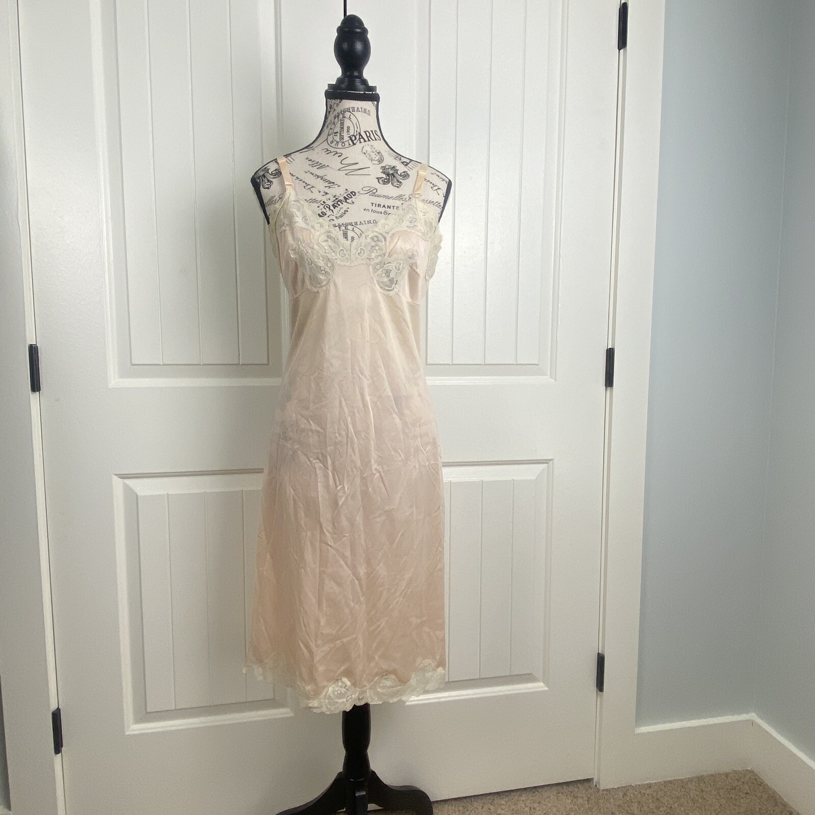 Vtg Movie Star Nylon Dress Slip Pink Gown Sz 36 3114 Lace Sheer Chiffon