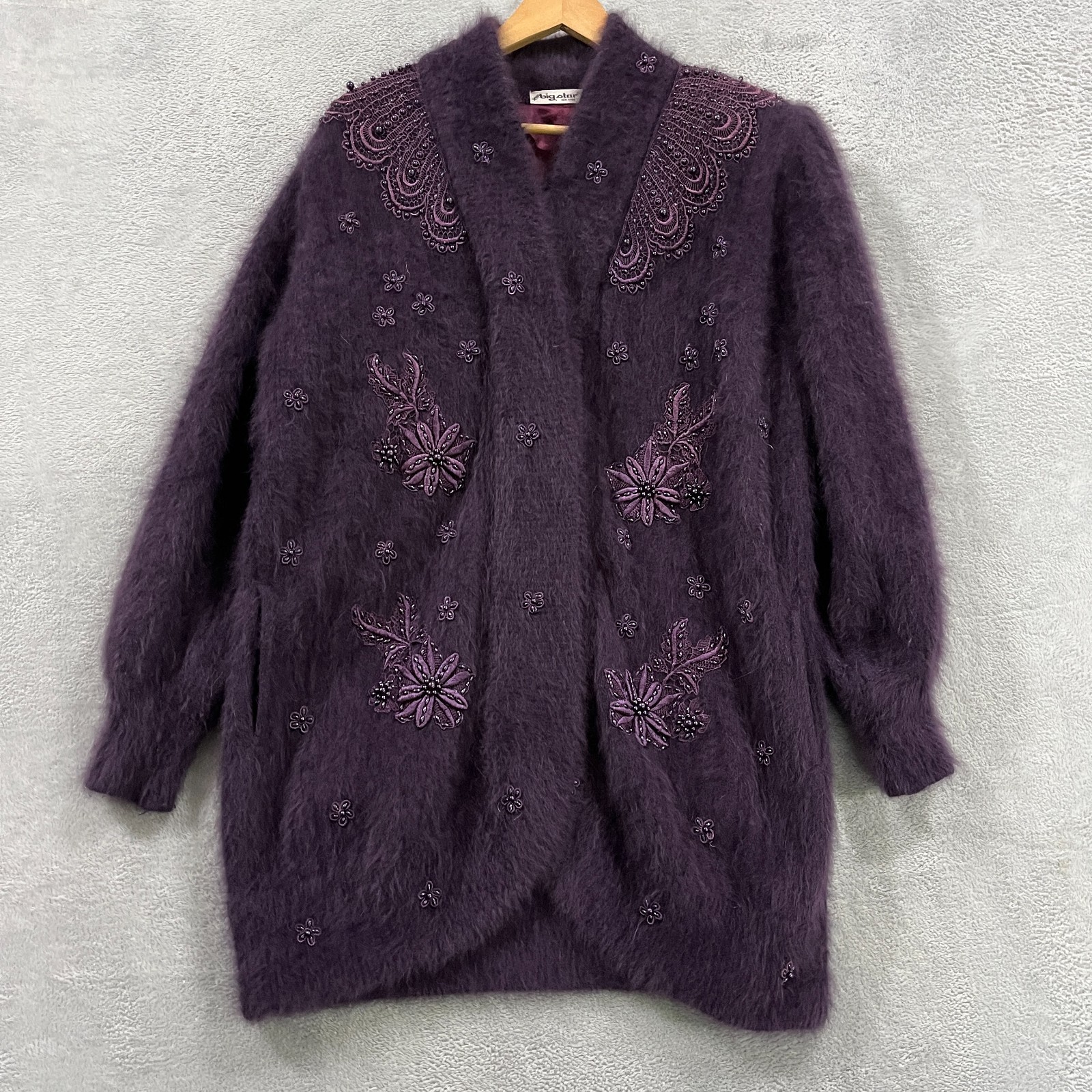 Vintage BIG STAR Keo Sung Fuzzy Cardigan Angora Sweater Sequin Embroidered 90s