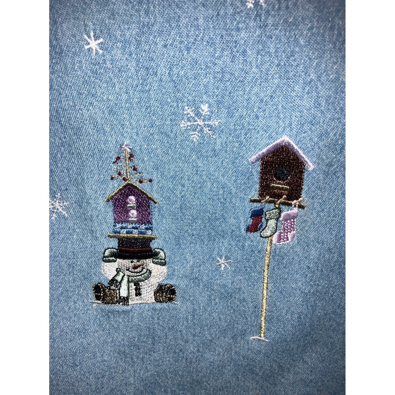 Vtg CJ Banks Light Wash Denim Button-Up Shirt with Snowman Embroidery 1X
