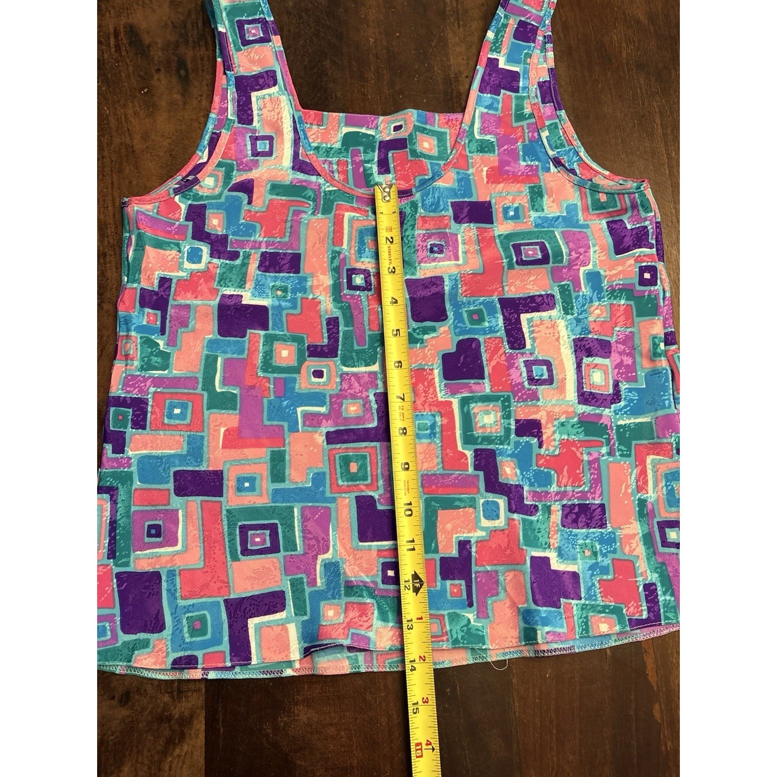 Vintage Geometric Abstract Print Tank Top Pink Purple Teal Sleeveless Shell