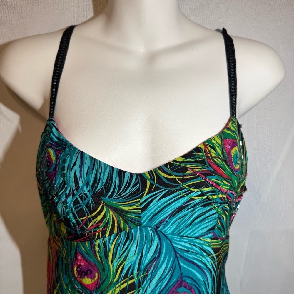 Nanette Lepore 100% Silk Peacock Feather Beaded Slip Dress Y2K Size 4 Rare