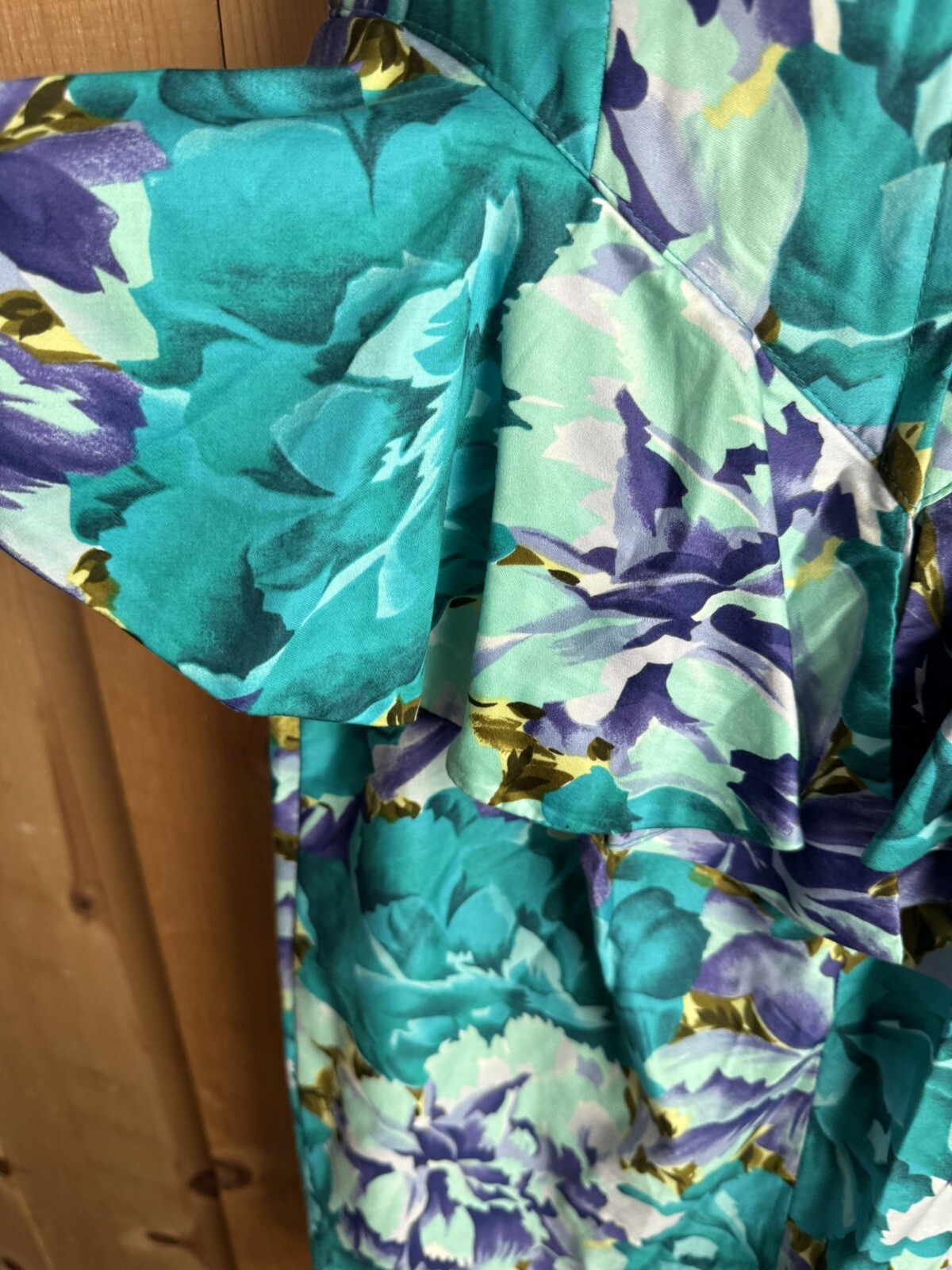 VTG 80s Barbara Barbara Floral Fitted Cotton Dress Bright Teal Bust 30 Waist 28