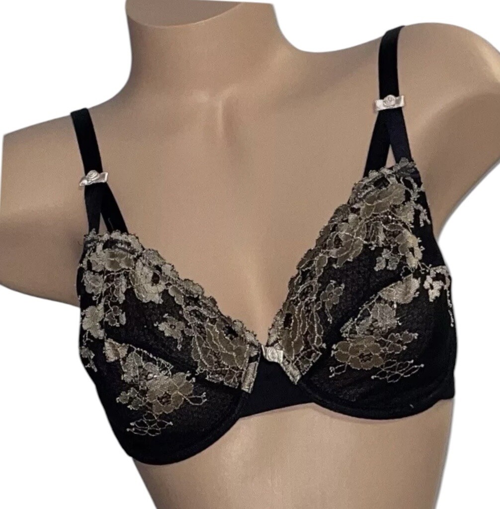 WACOAL Black Gold Floral Embroidery Underwire Sheer Lace Bra Womens 32DD