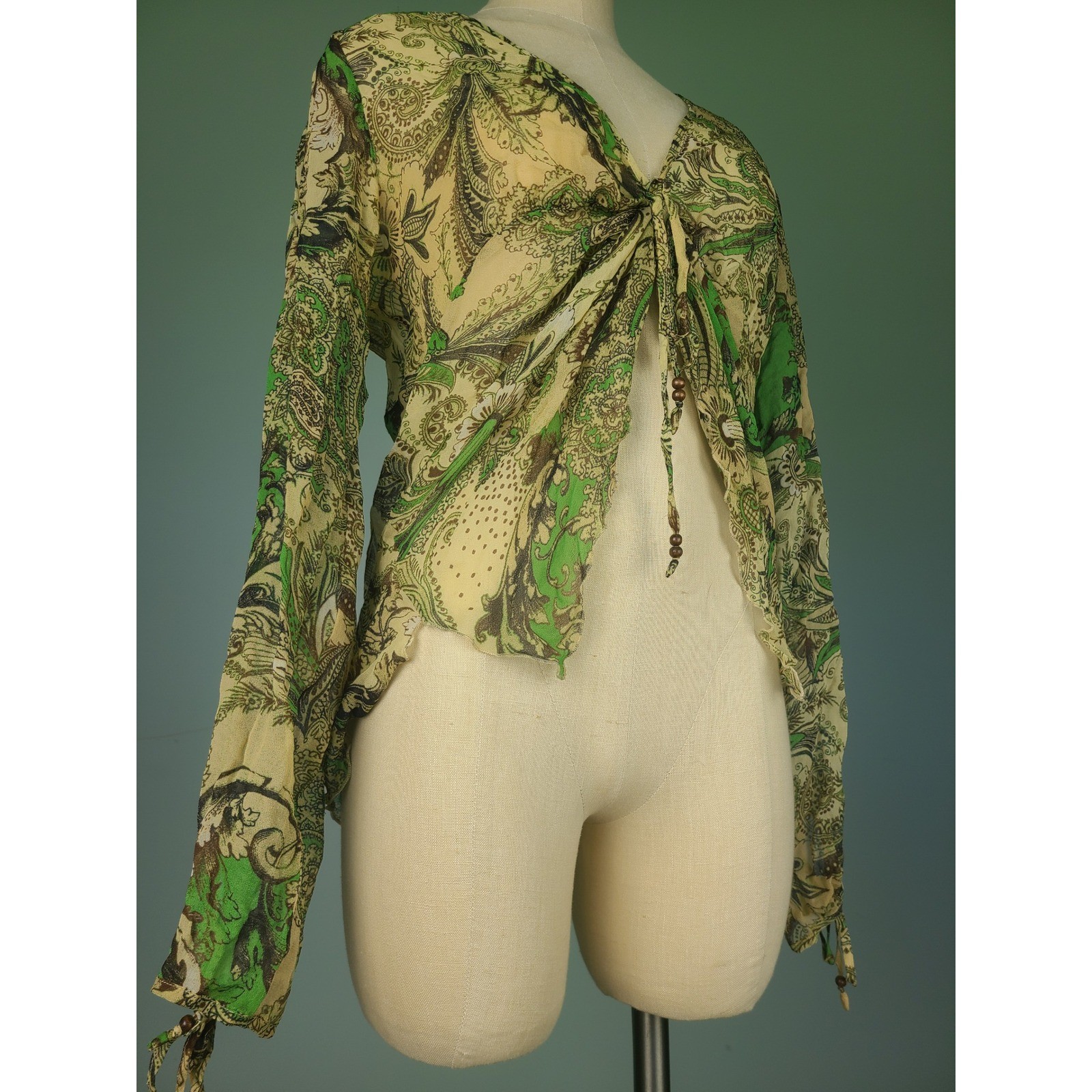 VTG Karen Kane XL 100% Silk Babydoll Top Green Paisley Fairycore Whimsical 70s
