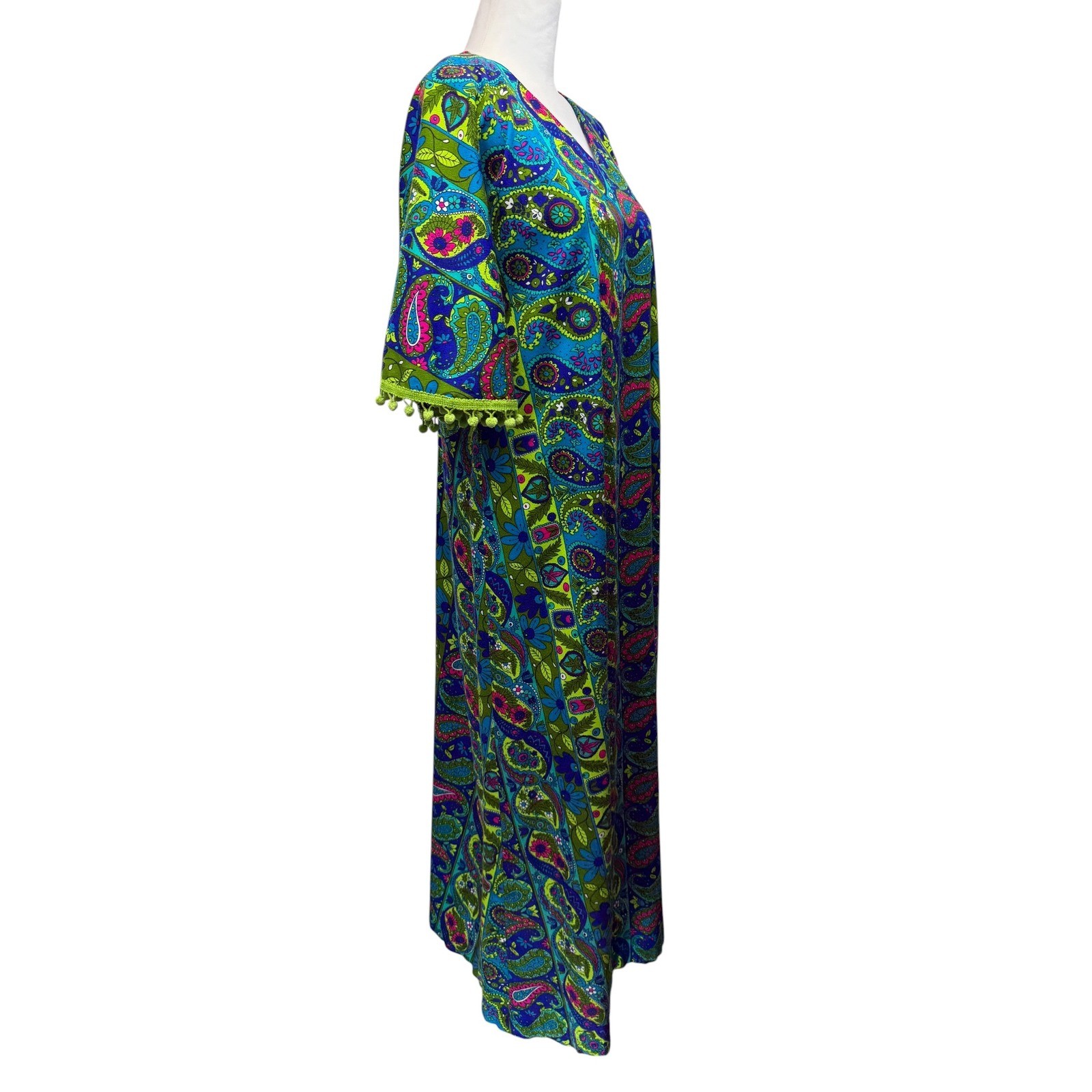 Vintage 60s Psychedelic Paisley Maxi Kaftan Dress Size S Blue Green Pom Pom Trim