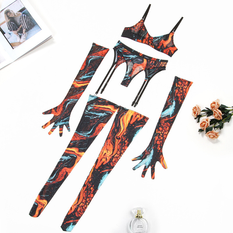 Arrival Colorful Ink Splatter Mesh Sexy Lingerie Set with Gloves and Garter Belt