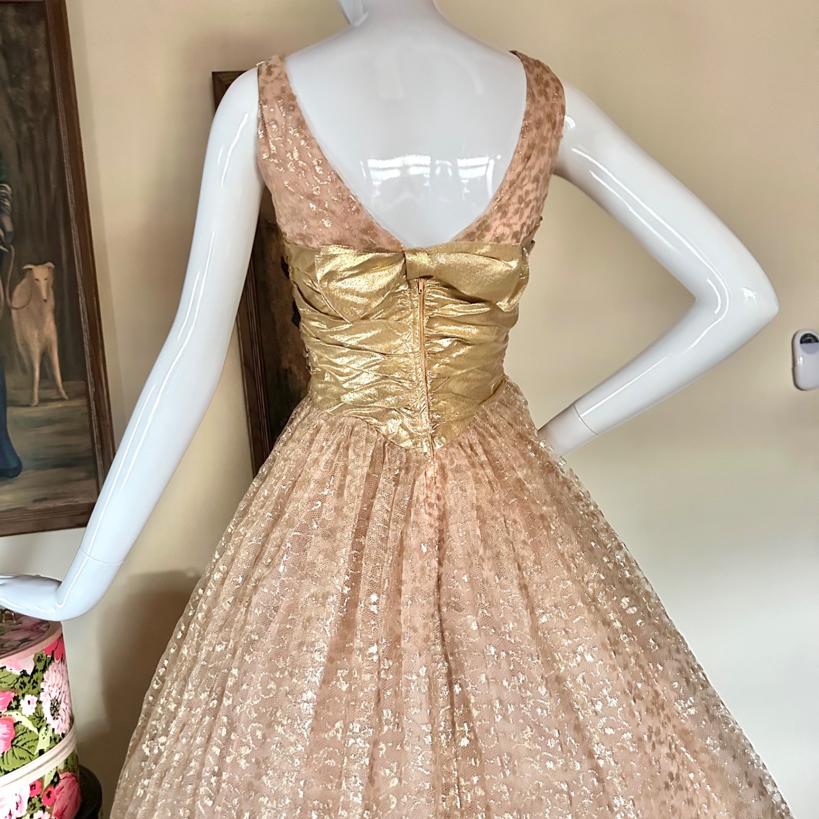 Vintage 1950s Gold Champagne Tulle Cupcake Prom Queen Dress VLV Wedding Gown XS