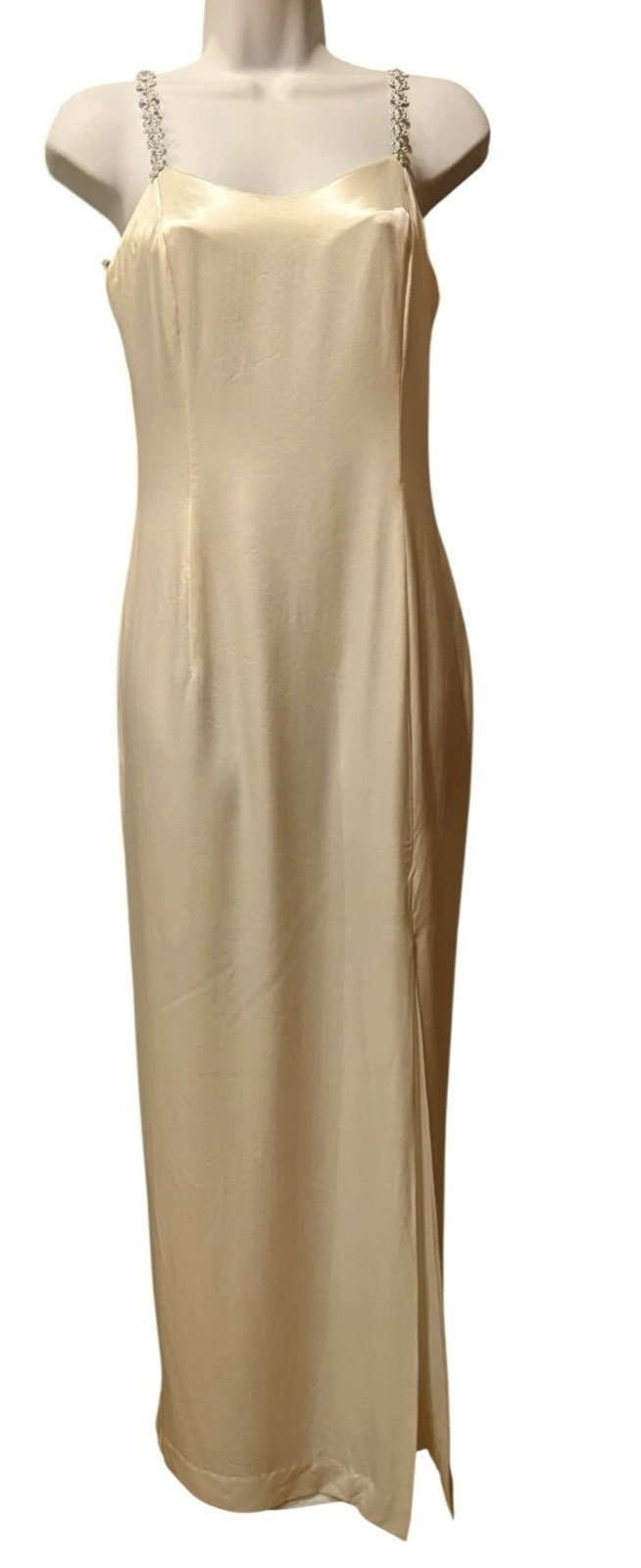 Gunne Sax Gold Satin Slip Dress Rhinestone Straps Vtg 1970s 80s 9/10 S Y2K Retro
