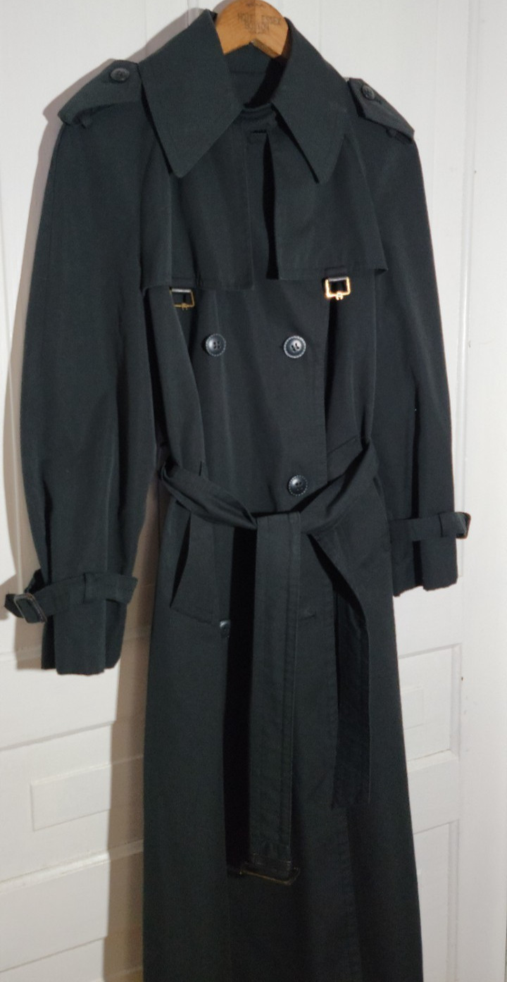 80s VTG Etienne Aigner Black Double Breasted Long Trench Coat Belted Pockets 8