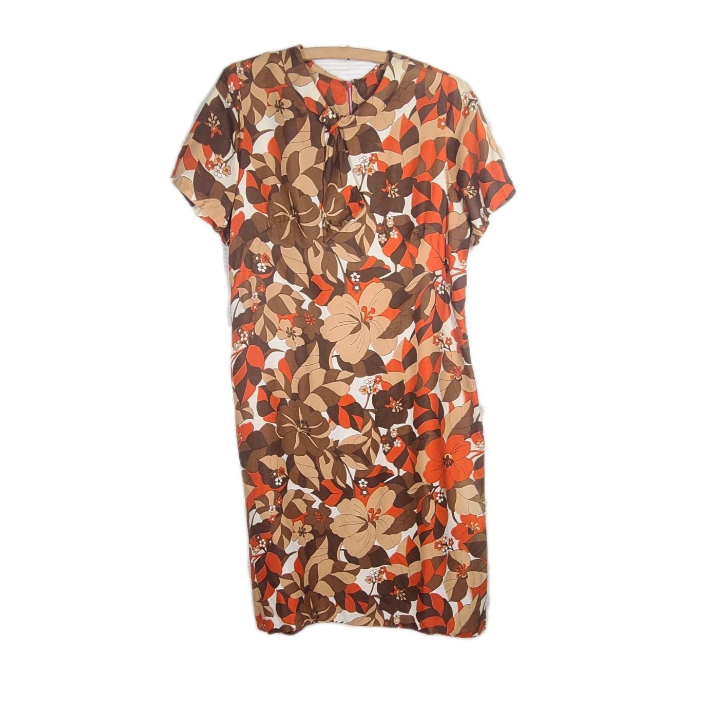 Vtg 60s Rayon Print Scooter Dress Mod Fractal Pattern Brown Orange Silky Crepe M