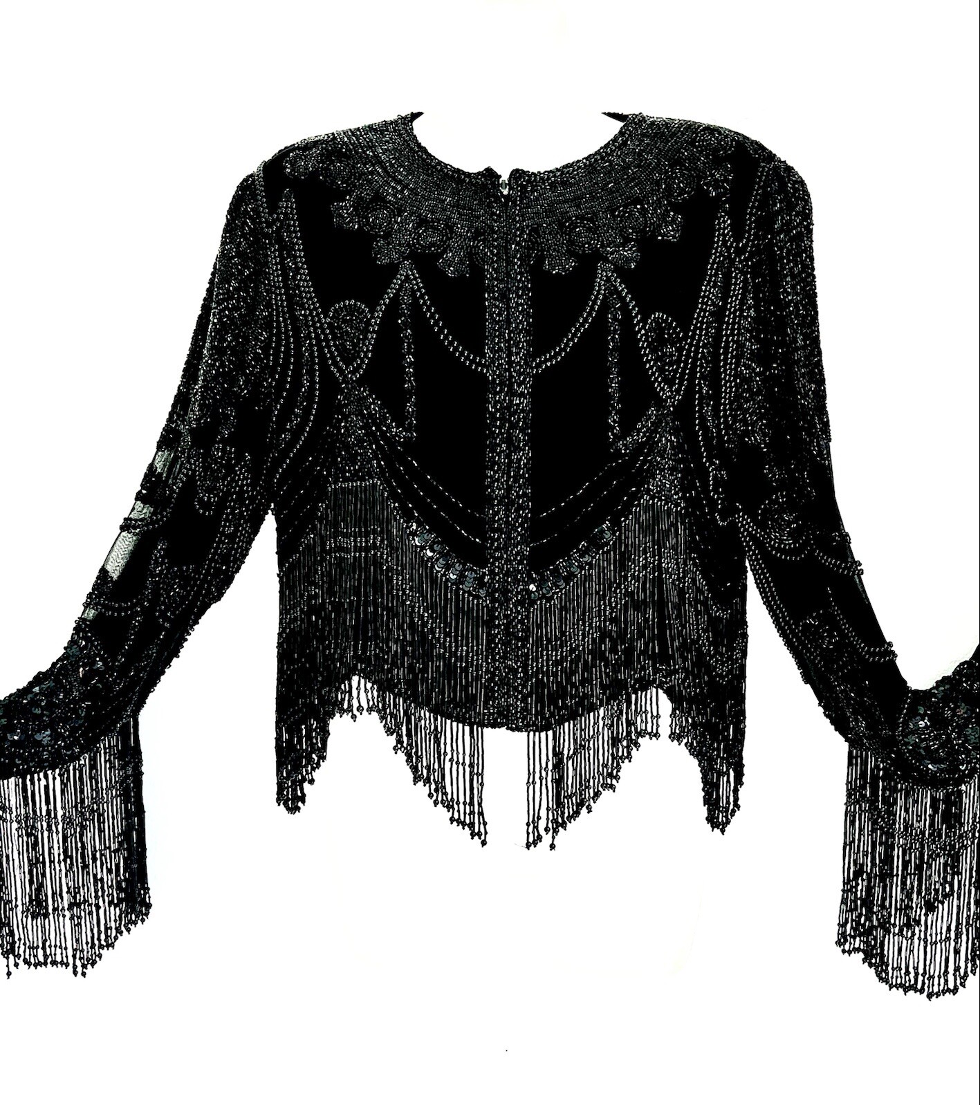VINTAGE*BLACK BEADED/SEQUIN~FRINGE~ZIPPERED~FORMAL~DRAG~ PROM JACKET~SZ MED/LRG