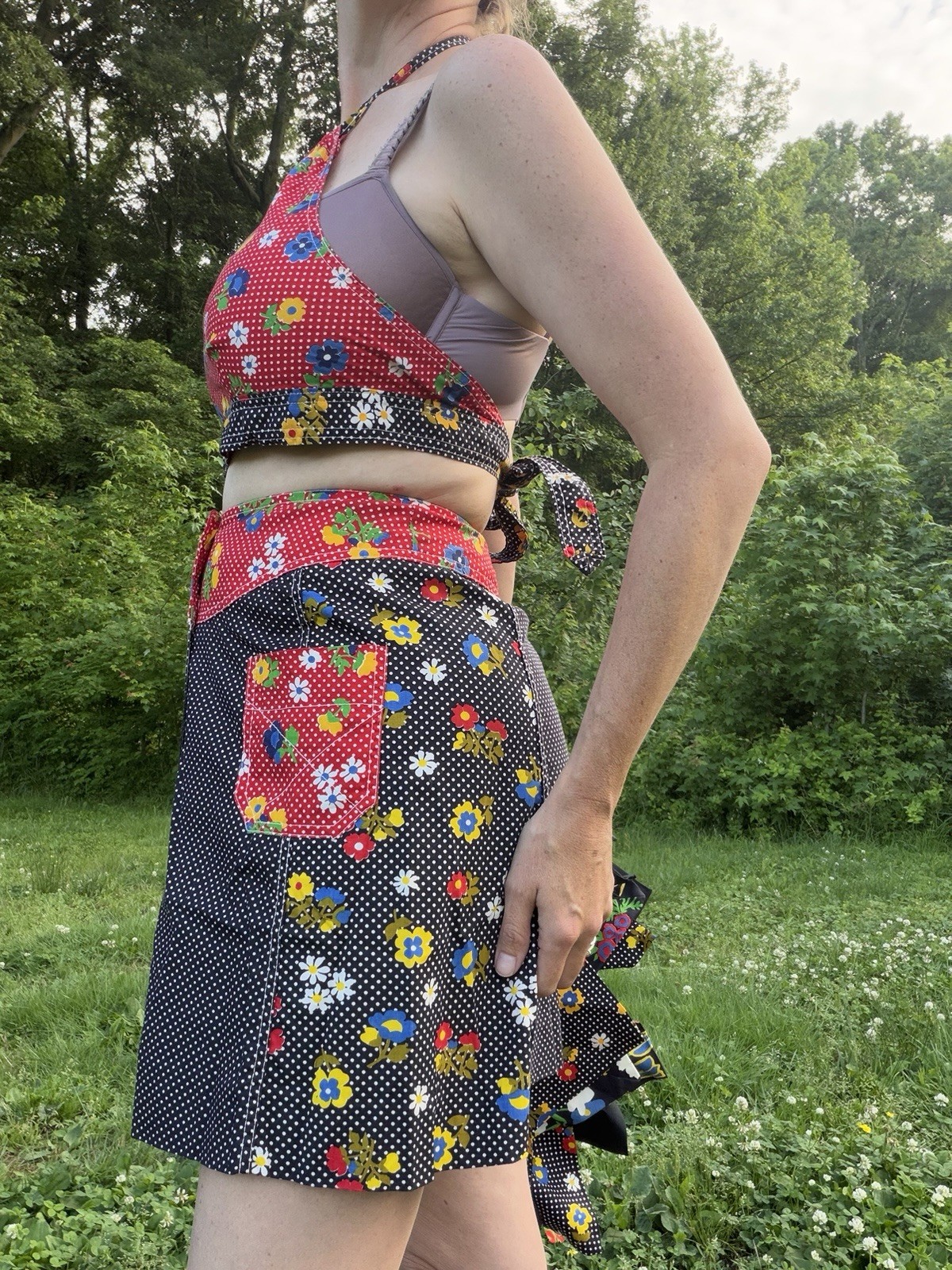 Vintage 1960s 1970s Cotton Four Piece Maxi Mini Skirt Halter Crop Tie Top