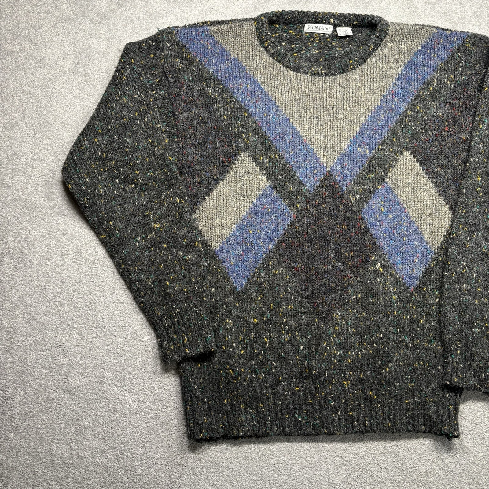 1980s Koman Knit Sweater Wool Blend Confetti Gray Geometric Size Large Vintage