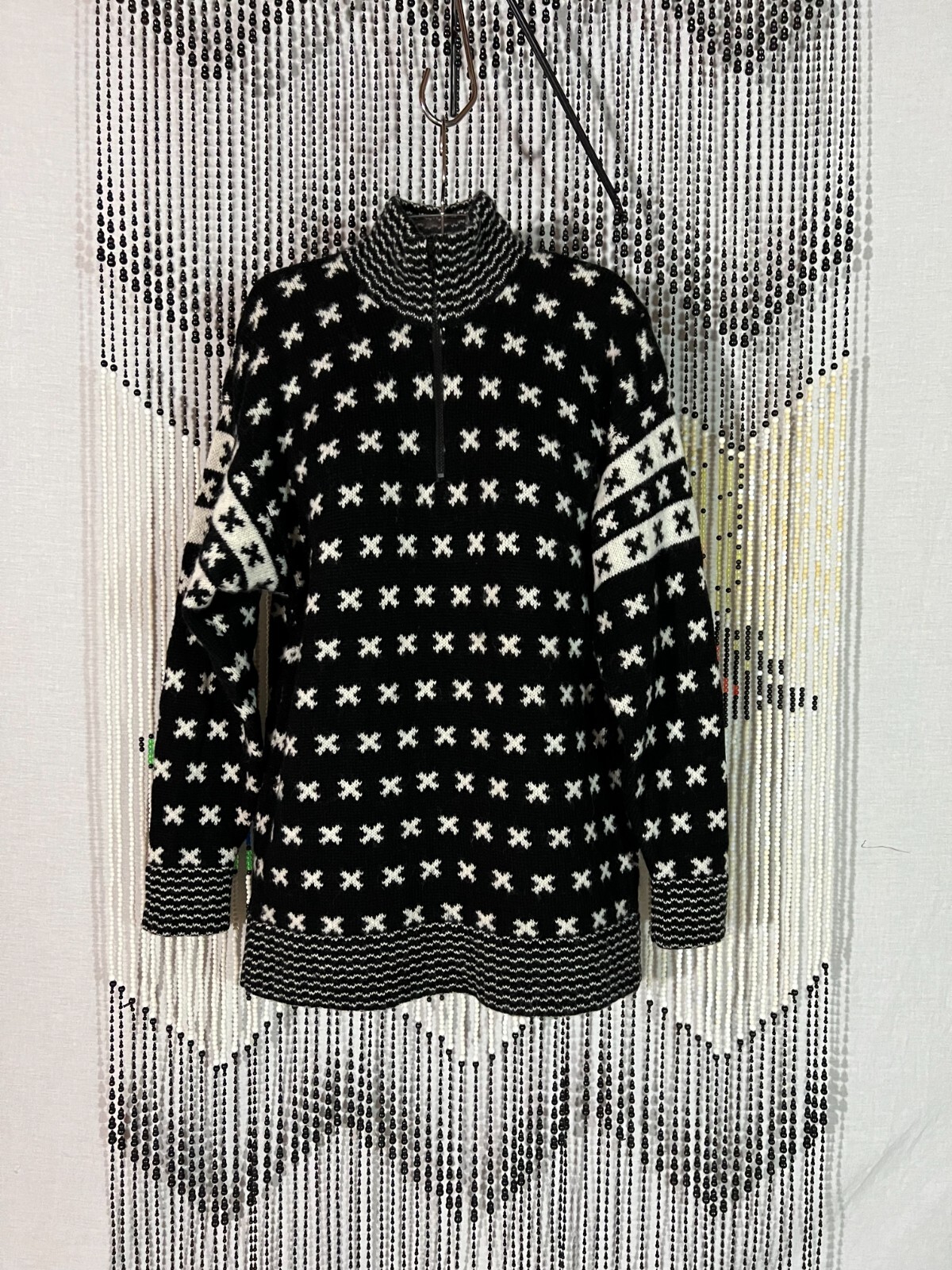 VTG 90s Brass Plum Nordstrom Wool Hip Sweater Turtleneck Zip Black White Geomt M
