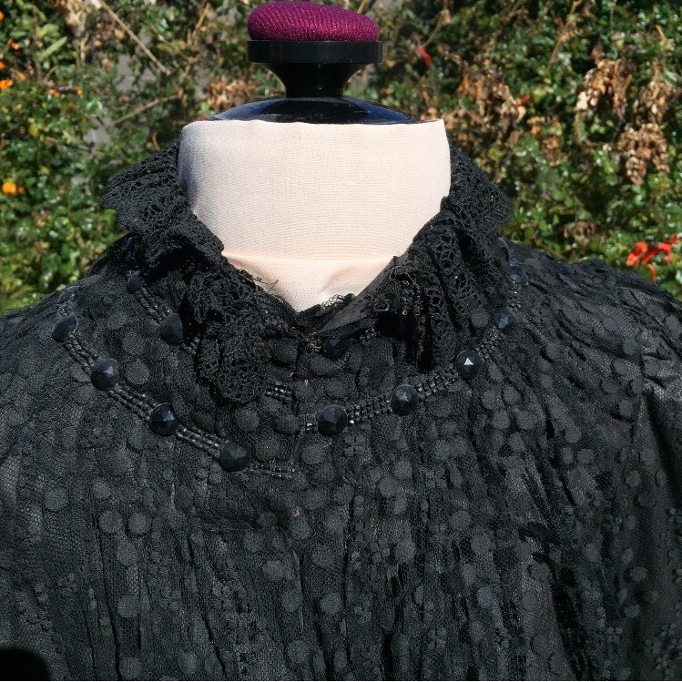 Edwardian 3-Pc Dress Black Lace Beads Boned Shirtwaist Bodice Skirt Top Antique