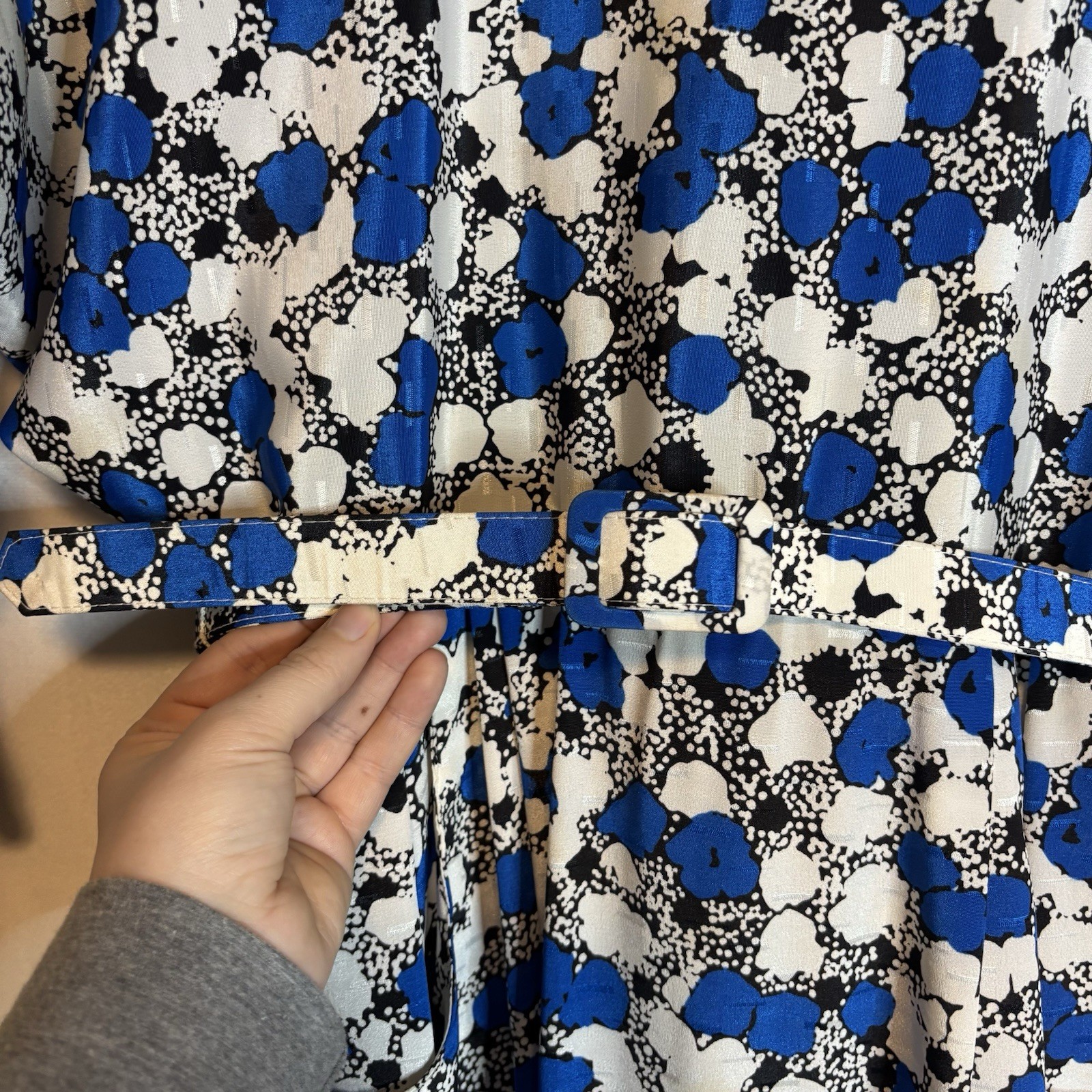 True Vintage 80s Blue And White Printed Dress Nu-Mode Petites Size Small Belted