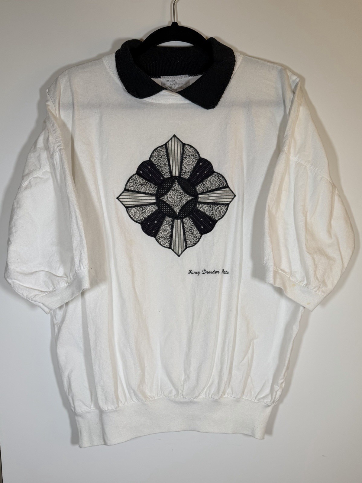 Vintage 80s Stitches white Dresden plate patchwork embroidered XL shirt cottage