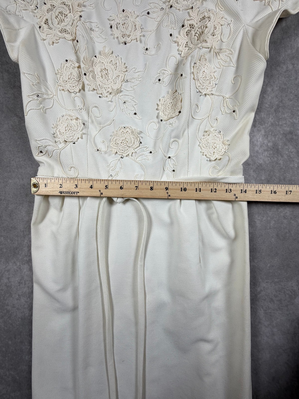 Carlye Vintage Womens Dress Ivory Floral Applique Cap Sleeve XS/S 50s 60s