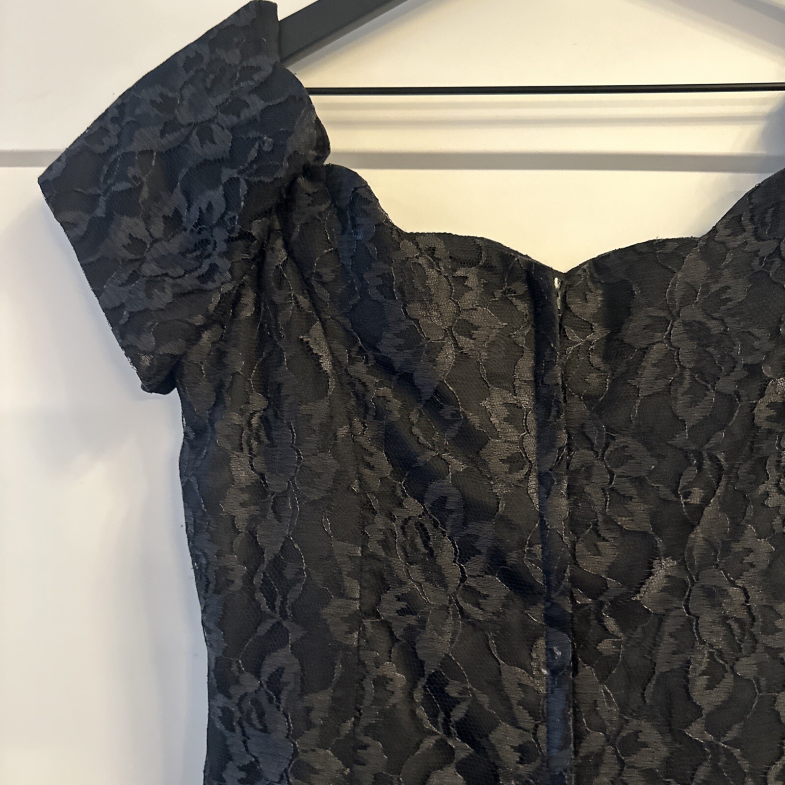 VTG 90s Off Shoulder Flare Mini Dress Prom Sz S Black Lace Roberta Grunge Goth