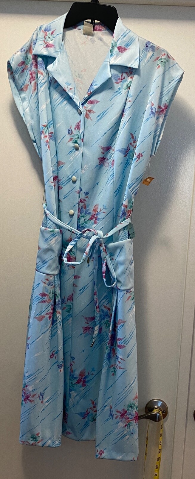 VTG 70s House Dress Women Floral Vneck Collar Button Tie Waist Blue Pink Floral