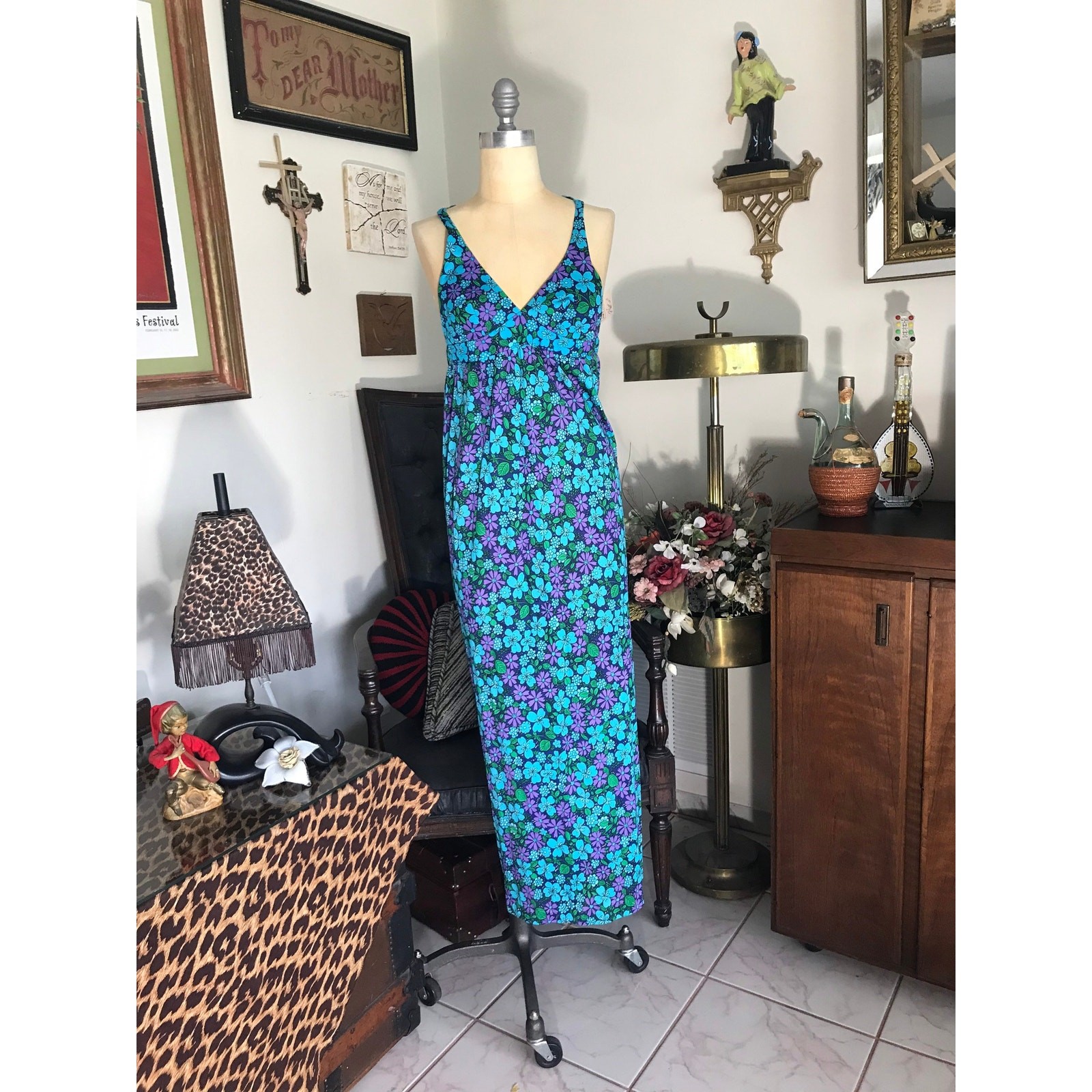 Vintage 1960s High Tide Halter Maxi Dress Blue Purple Floral Retro Tiki Resort