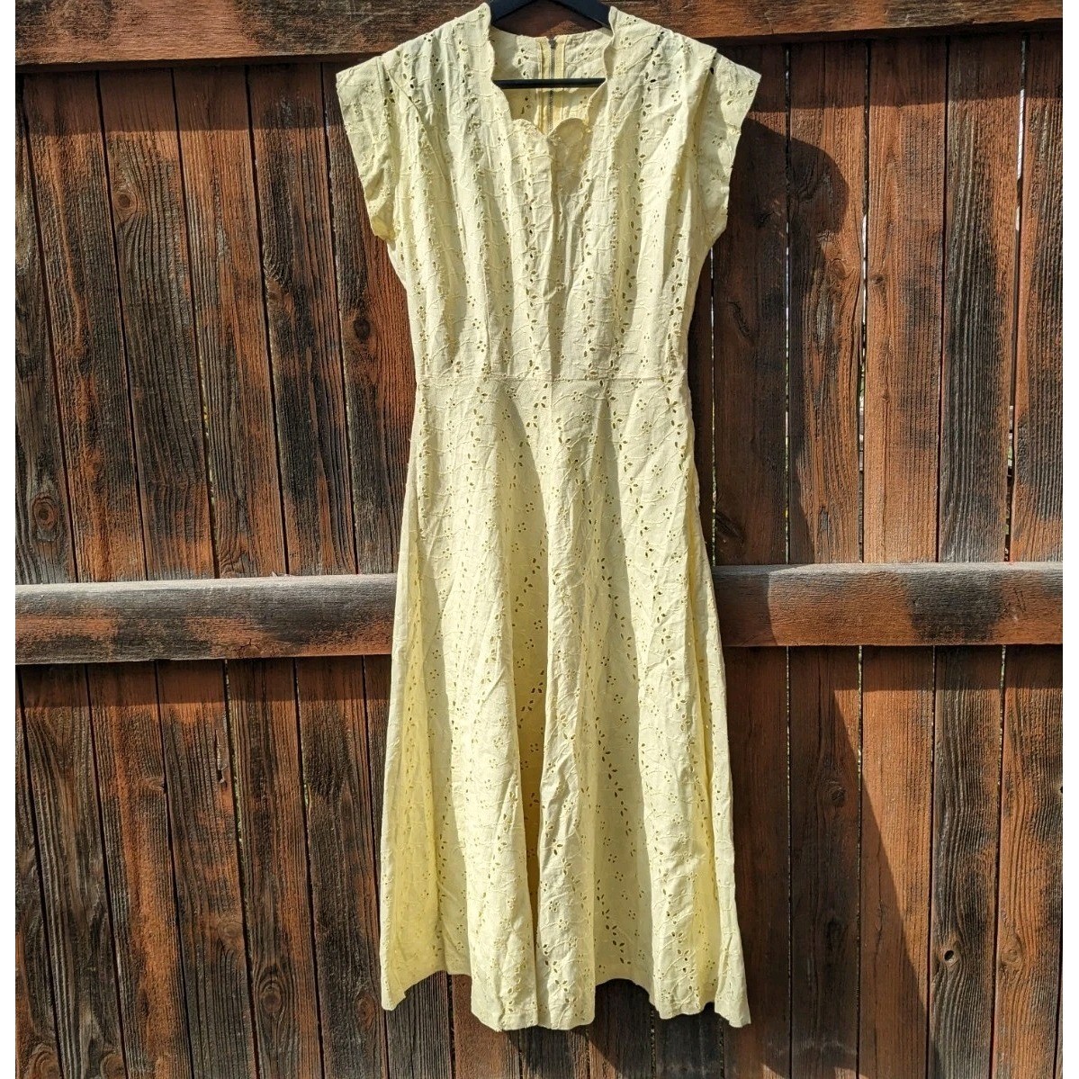 Vintage 50s Eyelet Lace Dress XS Yellow Cotton Cottagecore 1950s Summer Day Midi