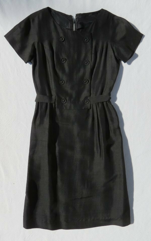 Vtg 50s STANTON Jrs Black Silk Double Breasted S/S Dress USA S 4 6 Tag 13