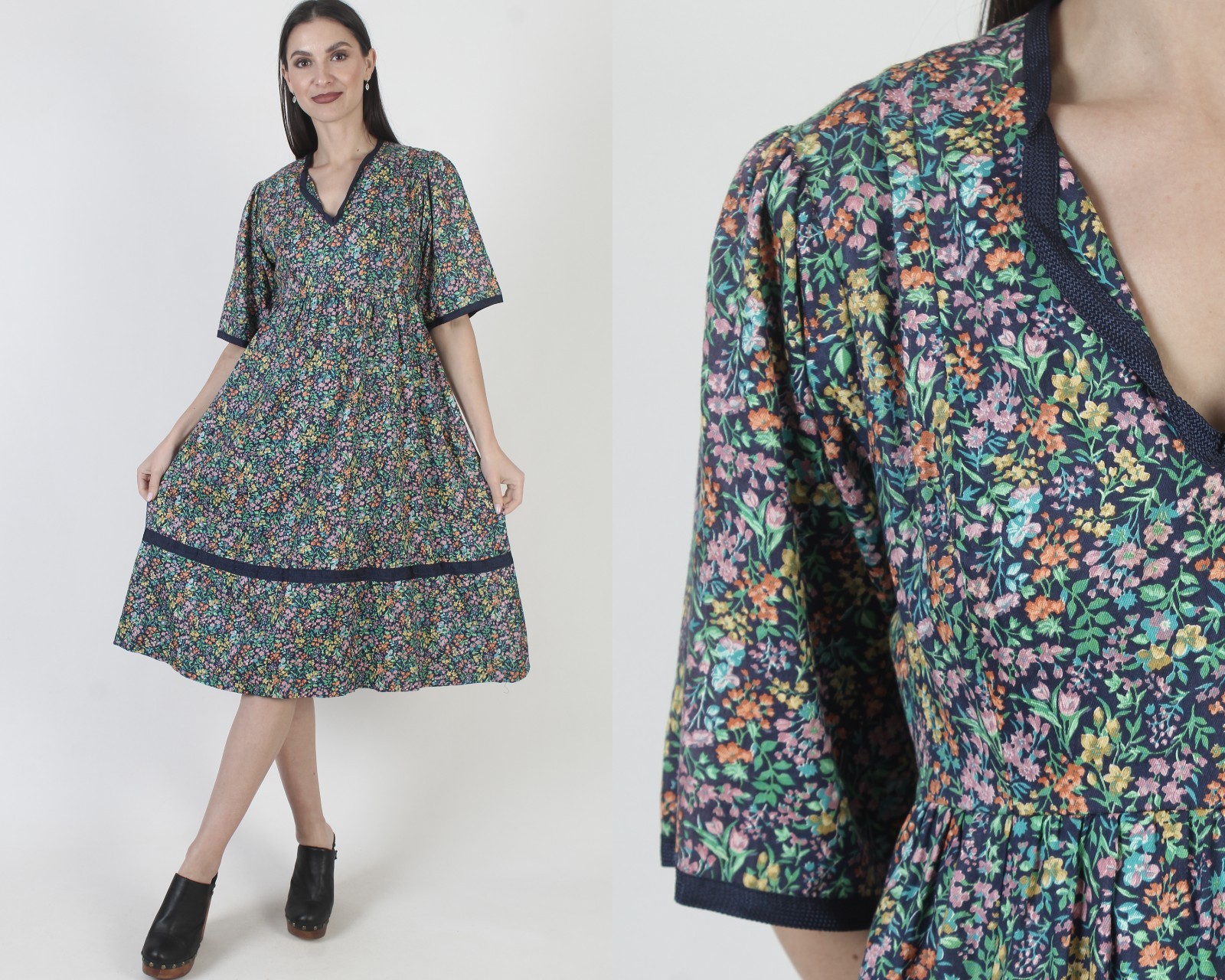 Vtg Calico Floral Sundress Knee Length Prairie Peasant Festival Boho Midi Dress