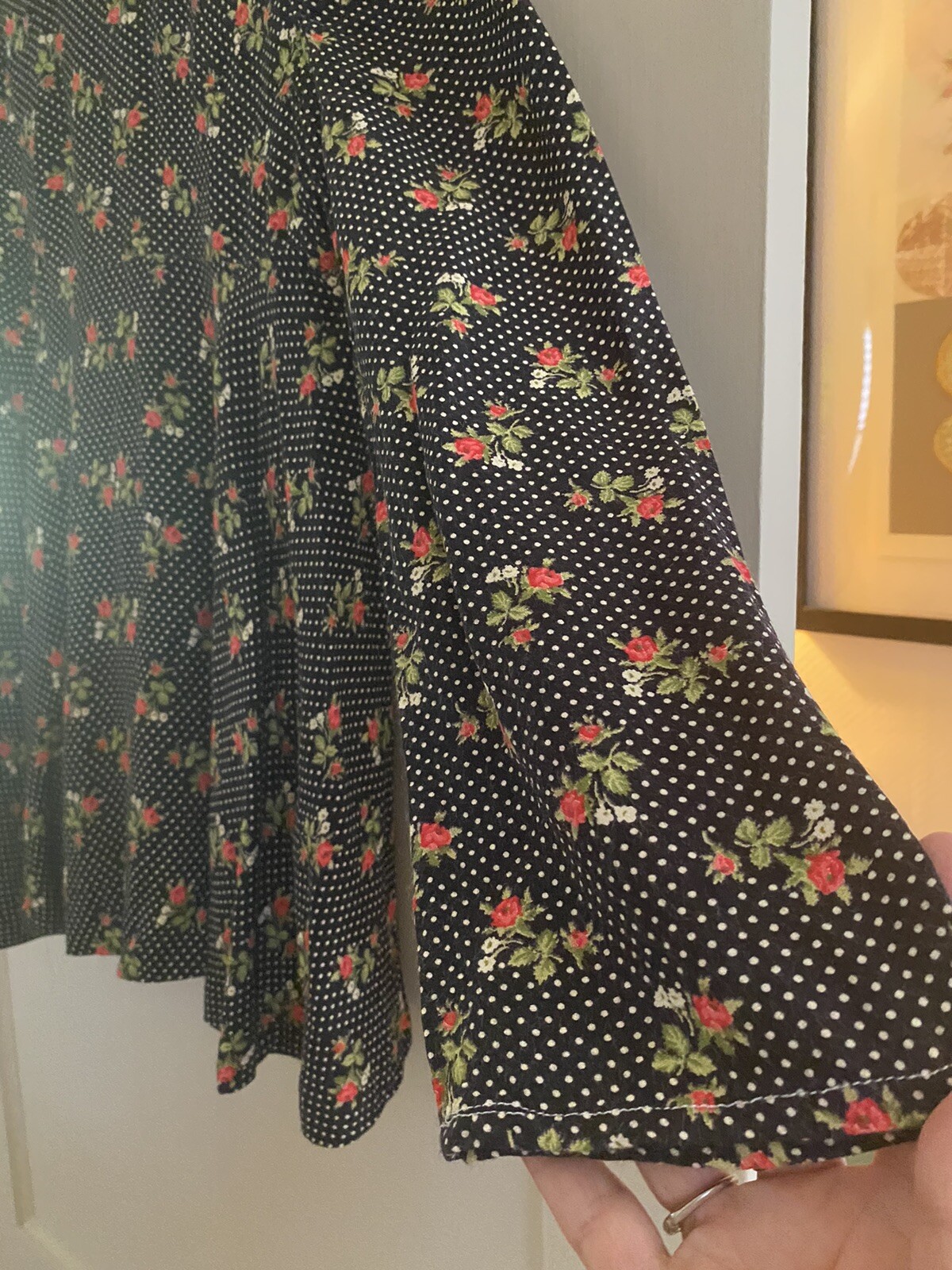 Vtg 70’s Liberty of London Black Polka Dot Rose Blouse W/ Agate Buttons