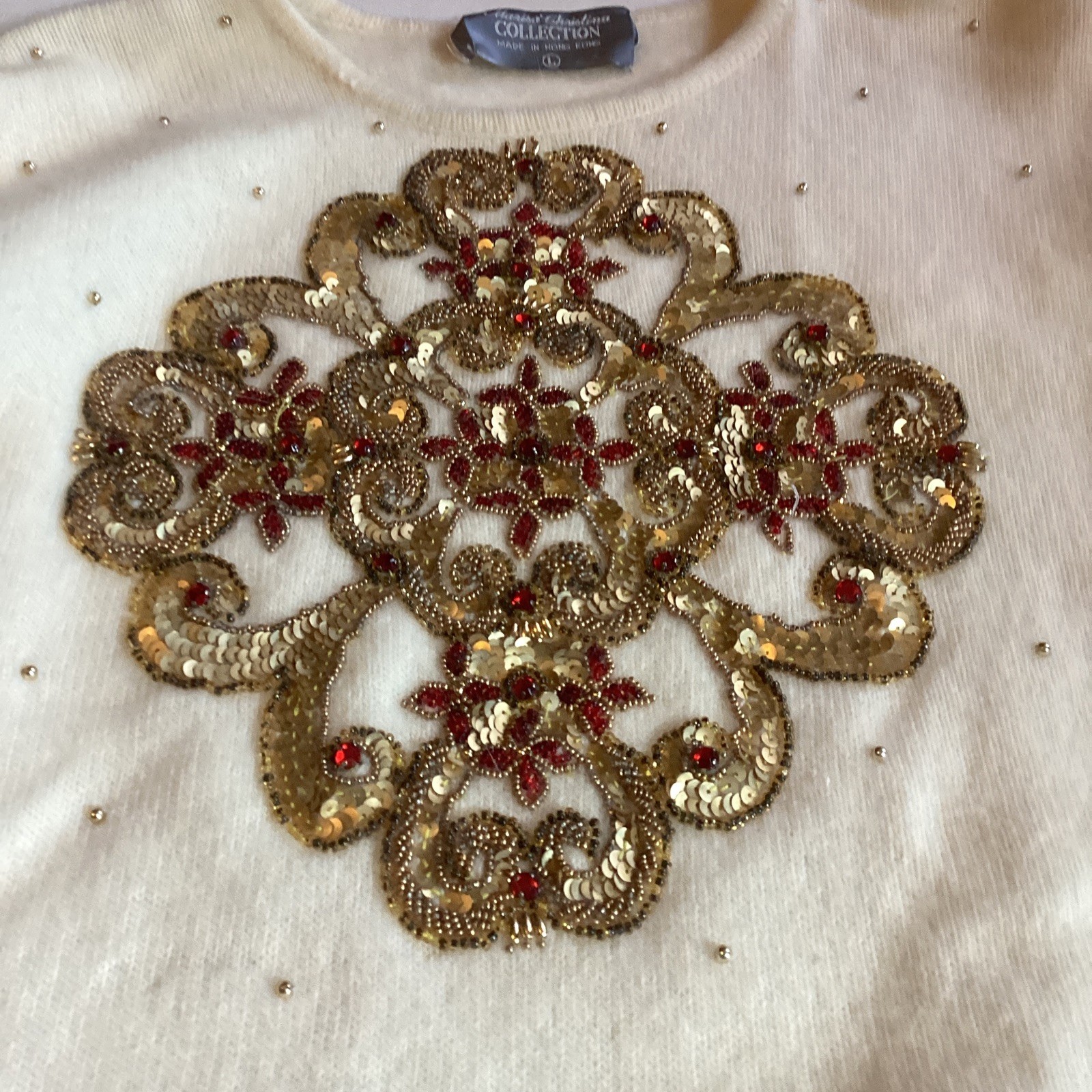 VTG Marisa Christina Sweater Winter White Wool/Angora Large Gold & Red Beading