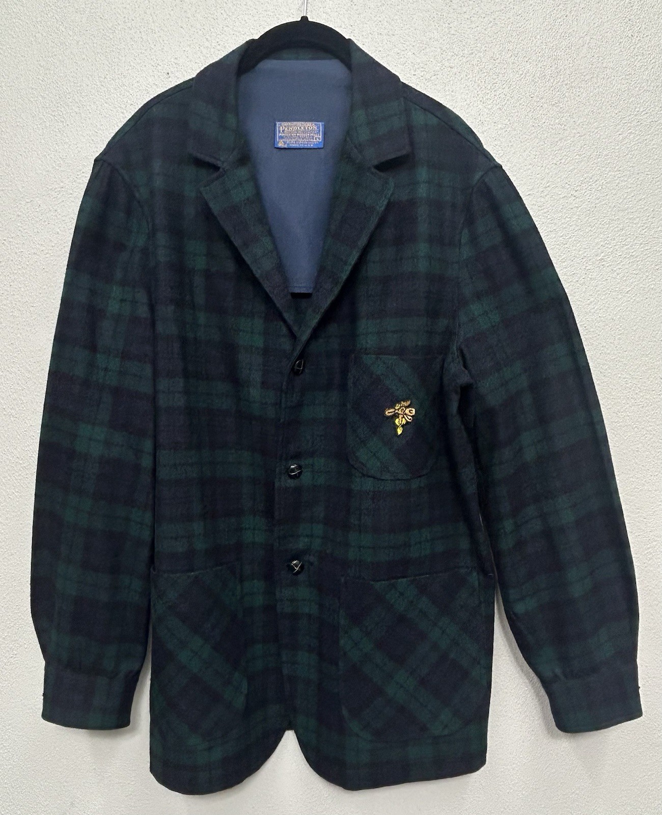 Vtg Pendleton Blazer Large Green Blue Tartan Plaid Virgin Wool Crest preppy