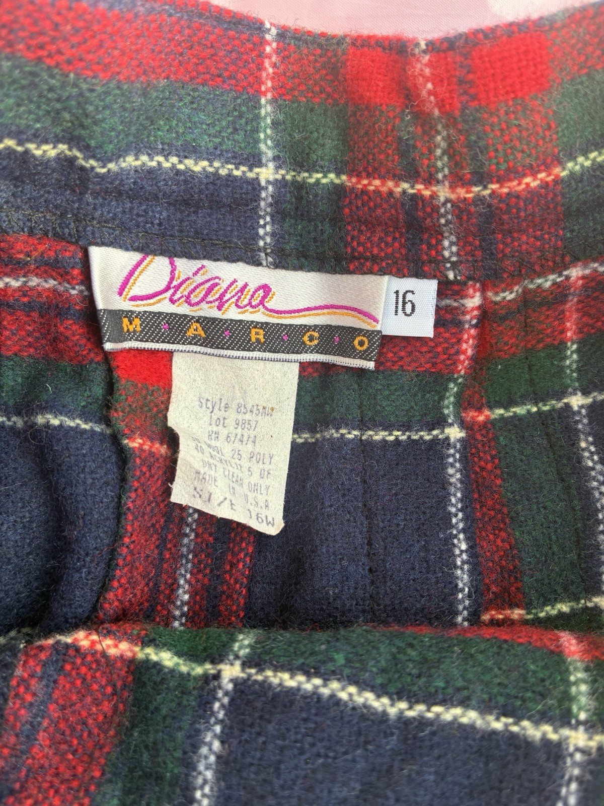 Diana Marco Vintage Women’s Skirt 80s Plaid Pleated Knee-Length Red Blue Sz 16/L