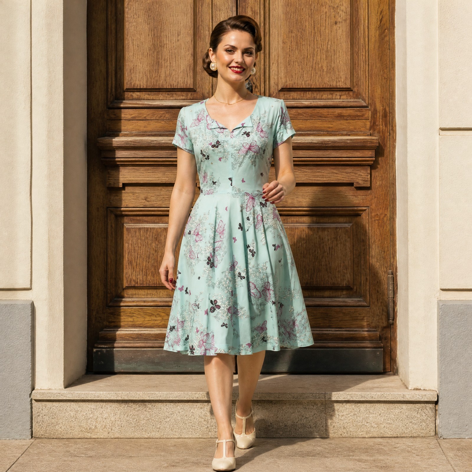 Vintage 40’s Light Blue Fit and Flare Midi Dress purple butterflies 30″ waist