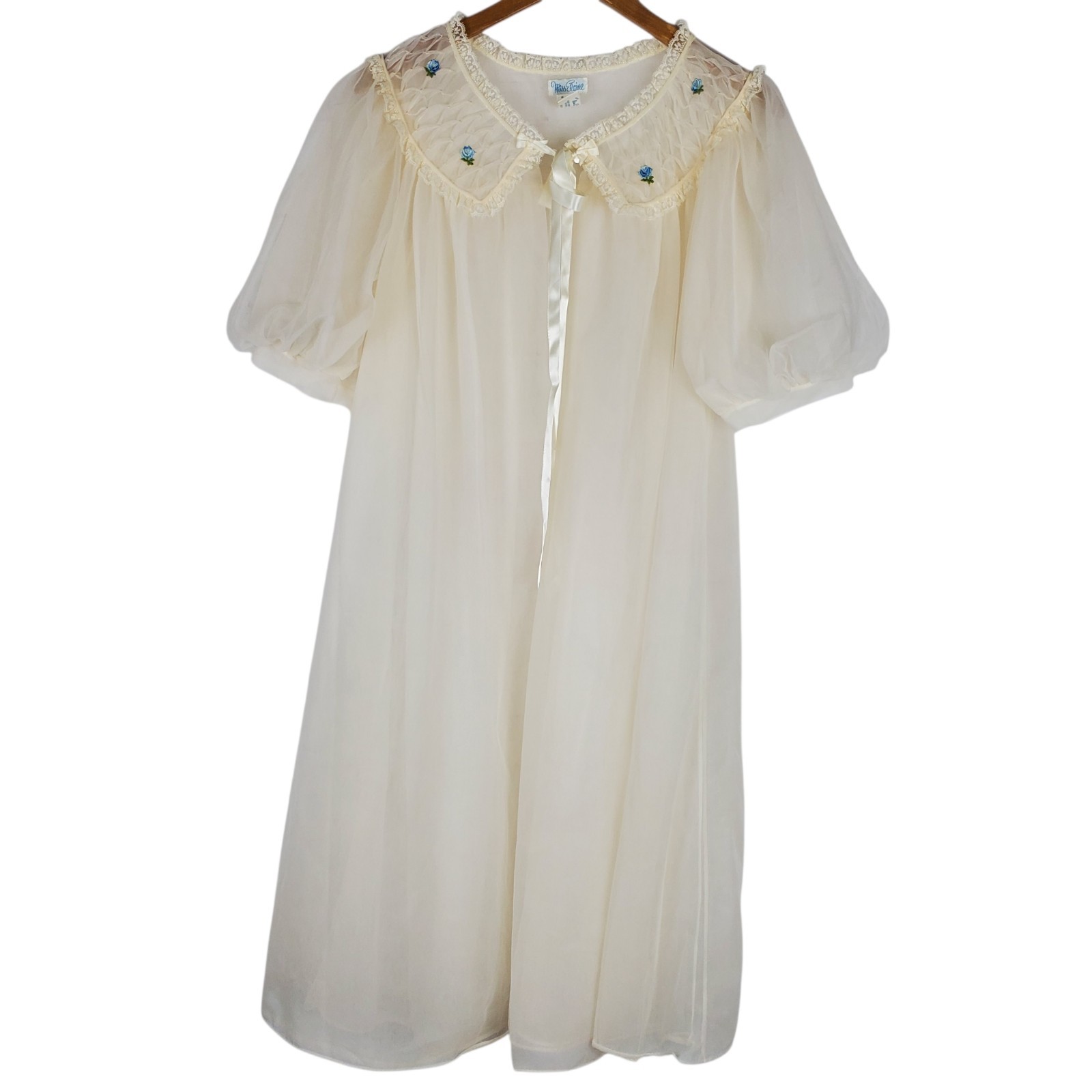 Vintage 1950’s-60’s Miss Elaine Peignoir Nightgown Set Sz L Beige Nylon Chiffon