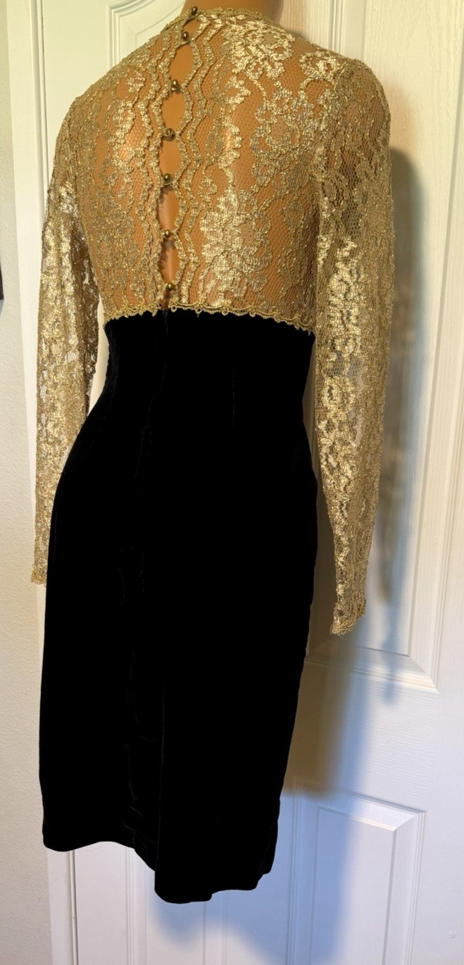 VTG 80’S SCOTT McCLINTOCK BLACK VELVET W/ METALLIC GOLD LACE DRESS SZ 4 (S)