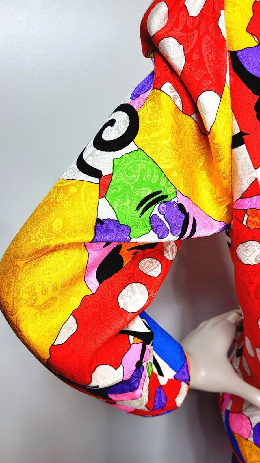 Vintage 80s Diane Feiss 100% Silk High Shoulder Colorful Mixed Media Blouse M/L