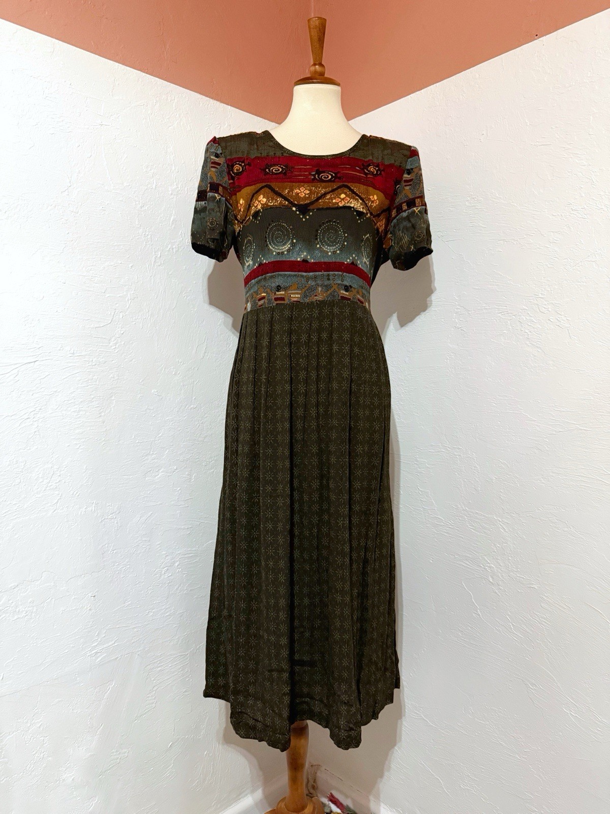 VTG 90s Just In Thyme Petite Art Womens Midi Dress Short Sleeves Back Tie Sz 12P