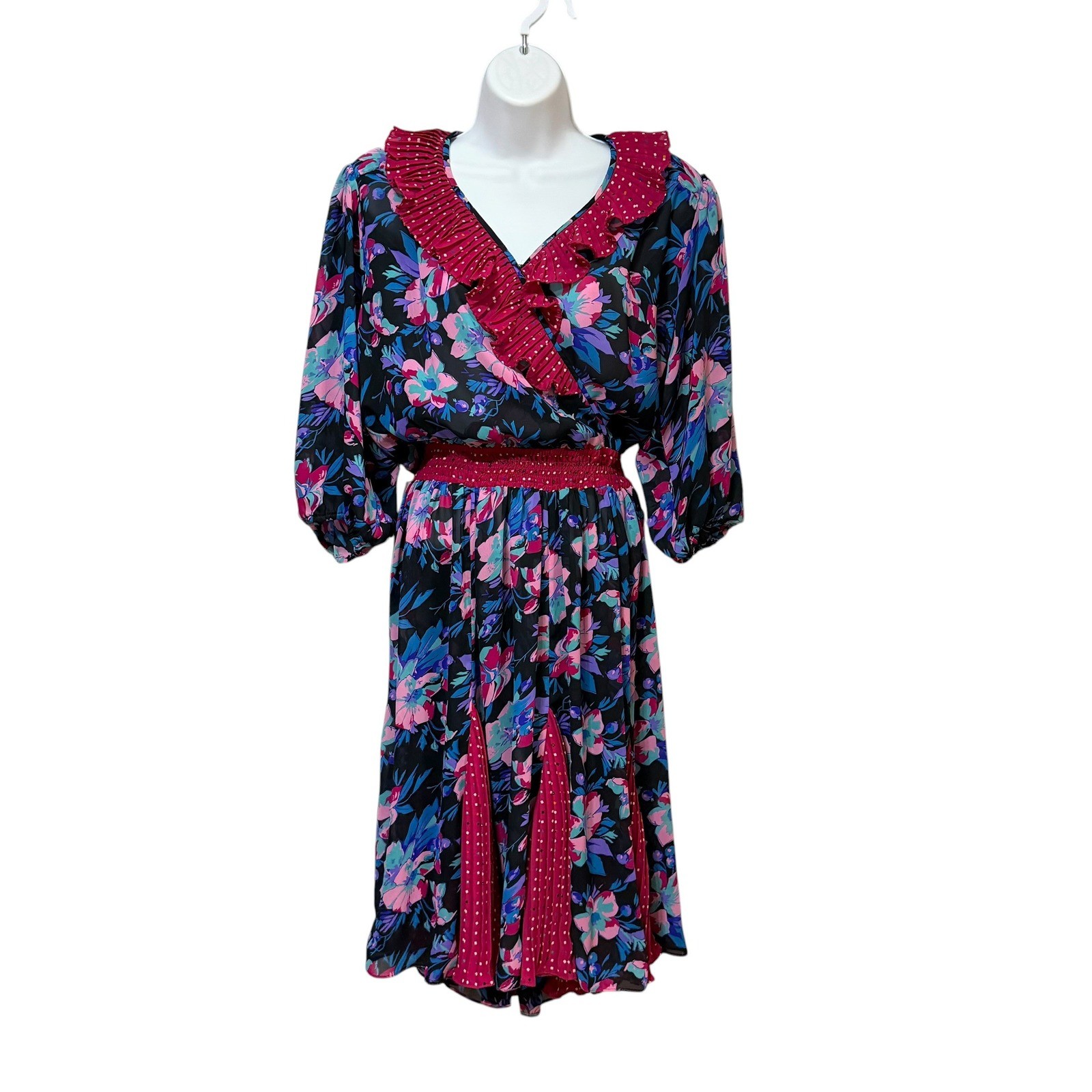Assorti Susan Freis Vintage Floral boho gypsy Dress Pink Blue Ruffle Smocked M