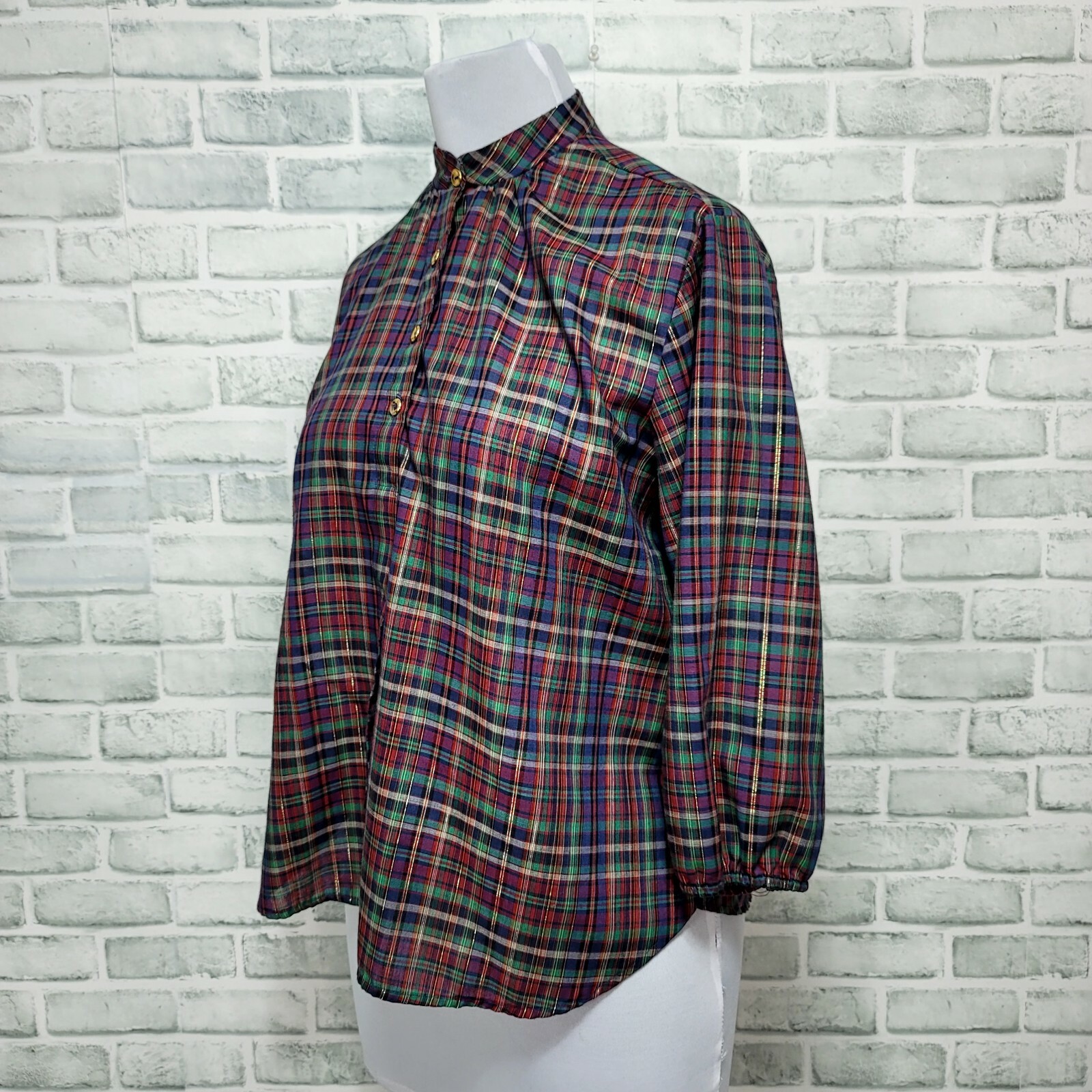 Vintage 70s 80s Plaid Sheer Lightweight 1/4 Button Down 3/4 Sleeve Blouse