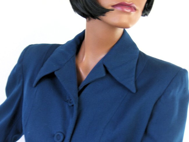 40s Gab Jacket Fit and Flare Navy Blue Vtg Strong Shoulder Nip Waist Rollman’s